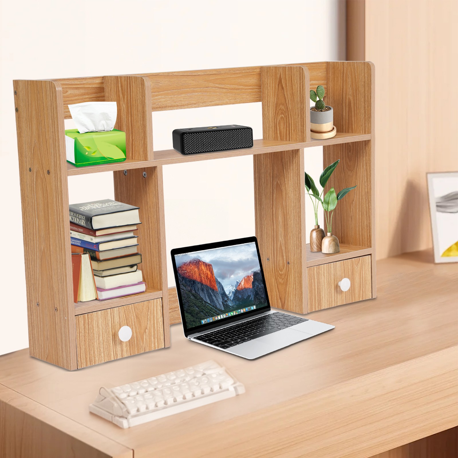 Double Layer Three Grid Two Drawer Desktop Storage Rack, Office Storage Rack