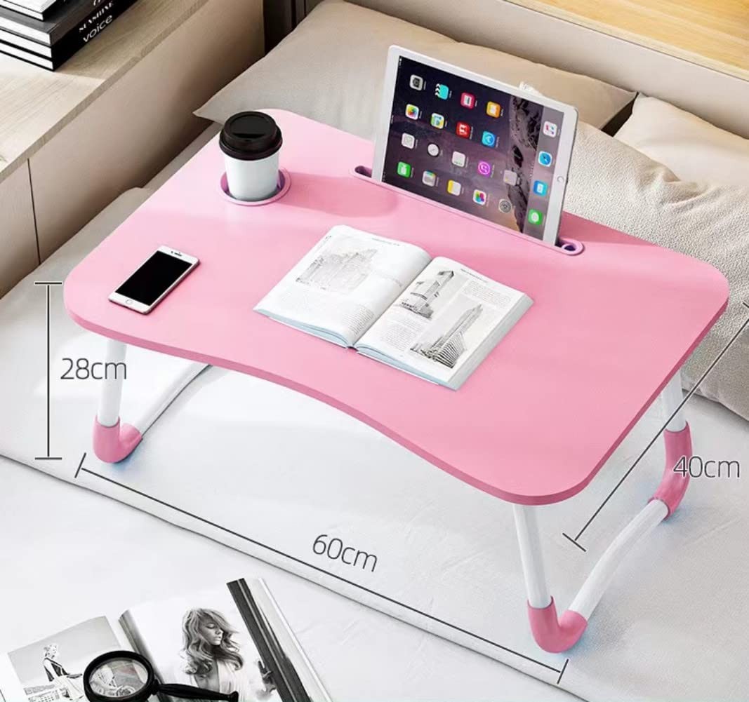 Laptop Bed Table, Foldable Desk Tray with Storage Drawer, Lap Pink