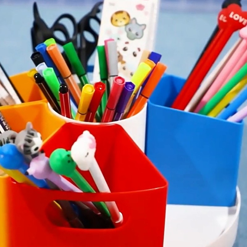 6 Compartments Desk Organiser for Kid, Rotating Pen Organiser Art Supply Holder