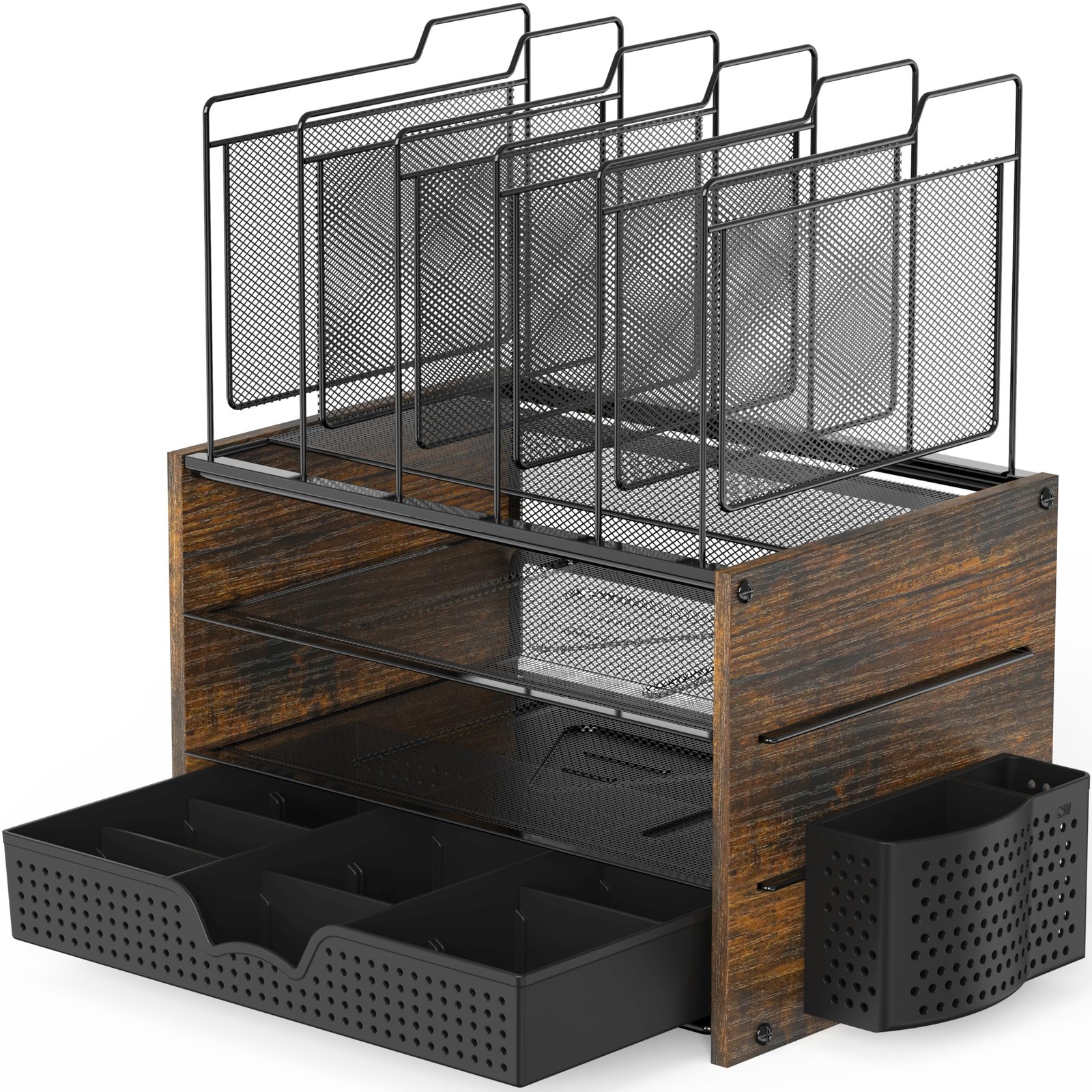 Simple Houseware Mesh Desk Organizer with Wooden Side Board and Metal Bars, 3…