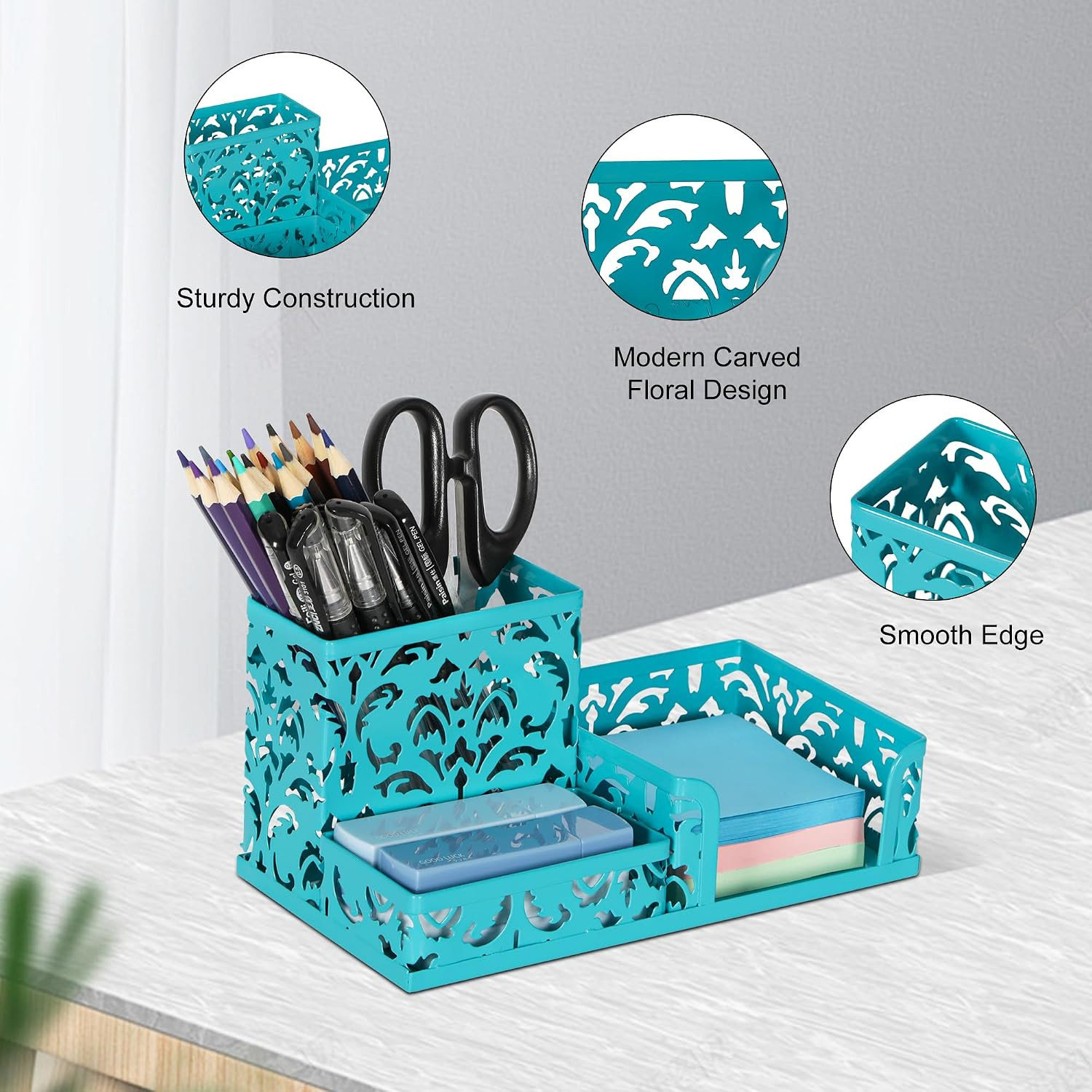Desk Organizer with 3 Compartment for Pencil Sticky Note Holder and Office Acces