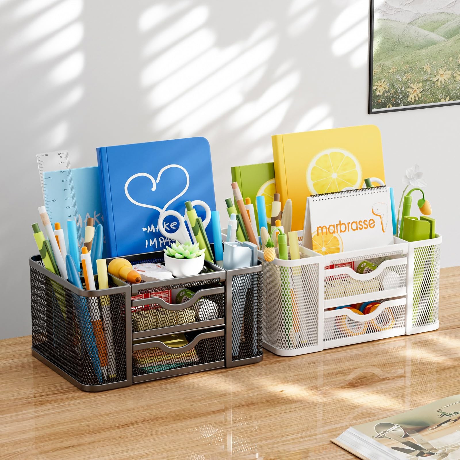 Marbrasse Mesh Desk Organizer, Pen Organizer with 2 Drawer, Multi-Functional Pen