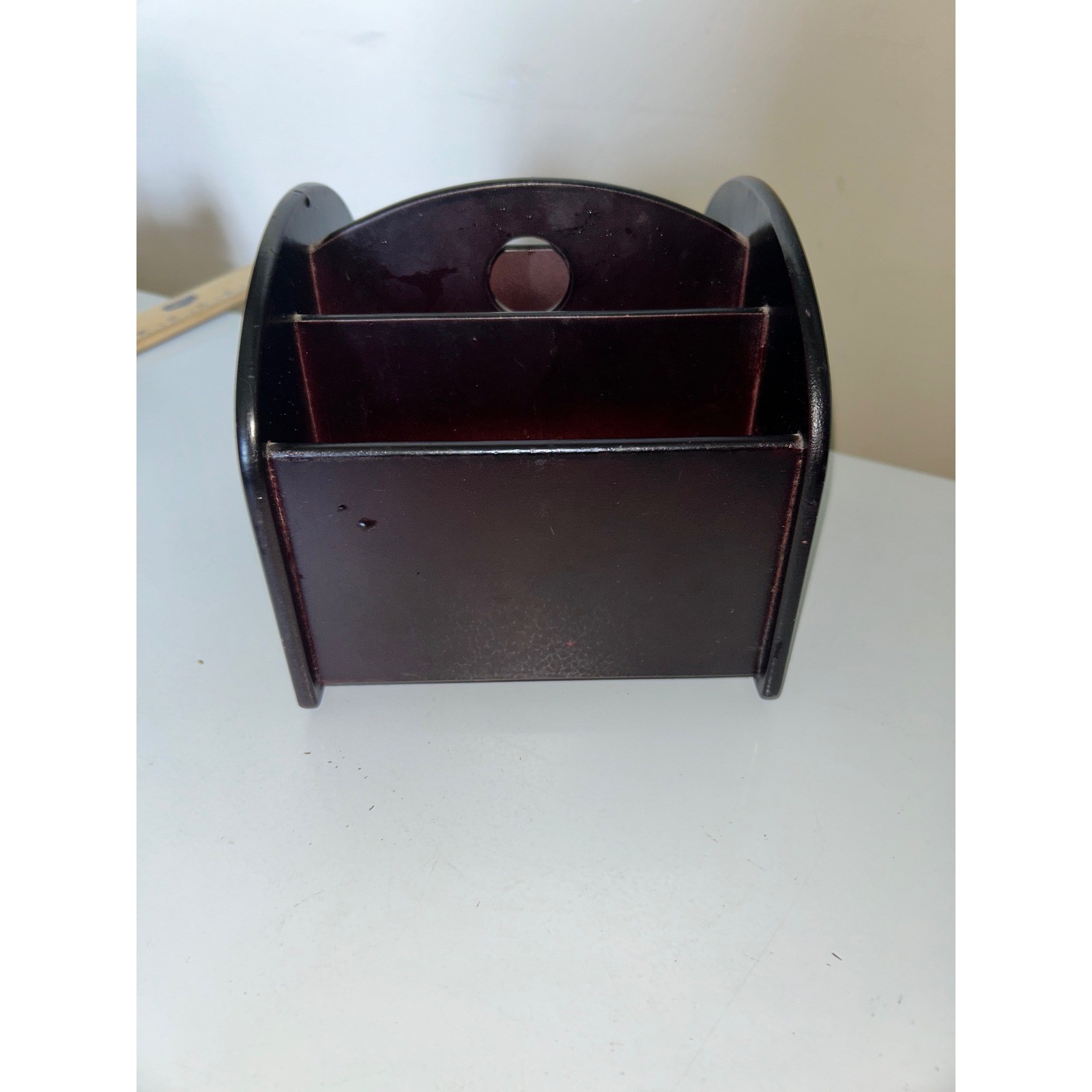 Vtg Dark Wood Desk Organizer Mail Sorter Mahogany Finish Office Storage Swivel