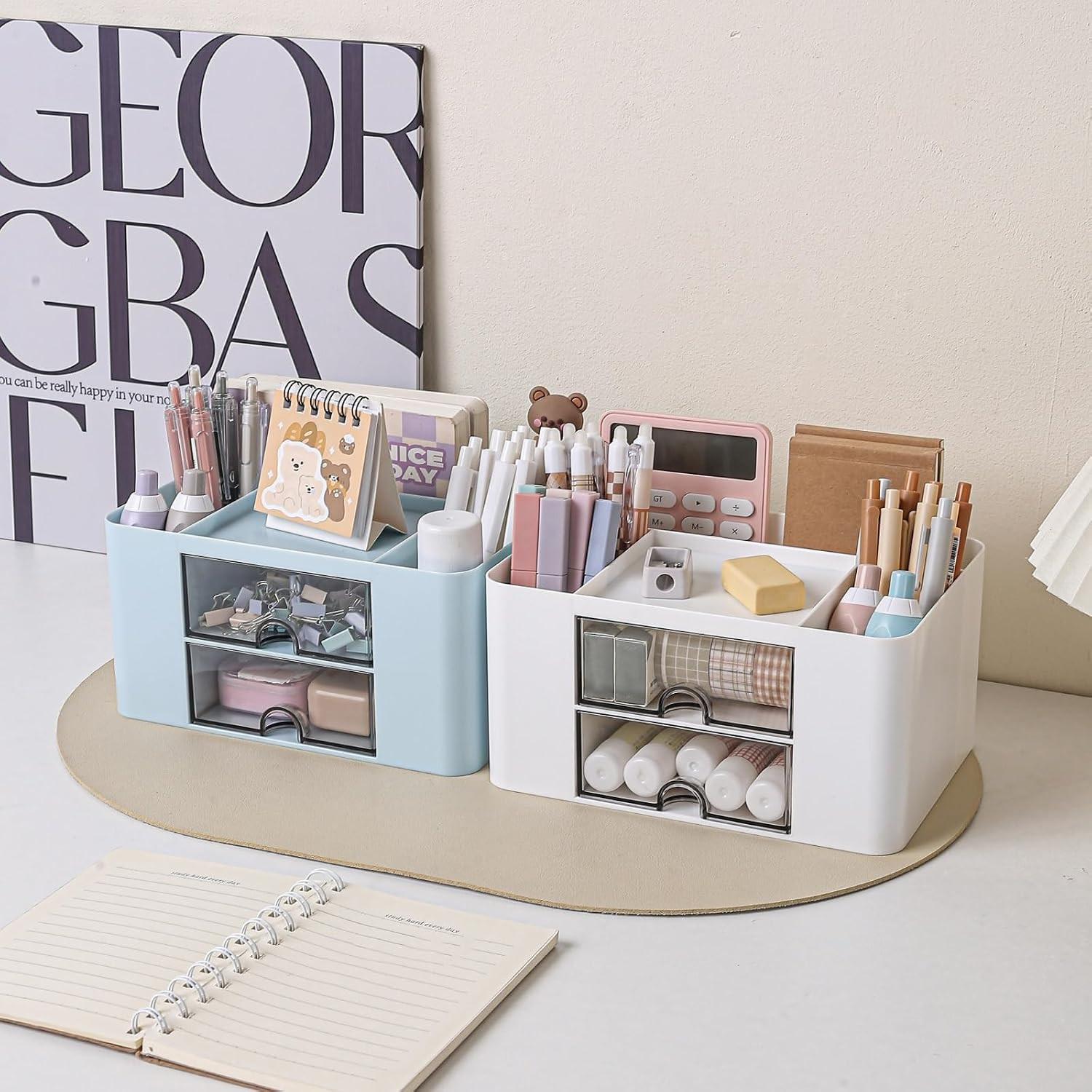 Desk Organizer with 2 Drawer, Plastic Desktop Pen Pencil Card Holder Storage Box