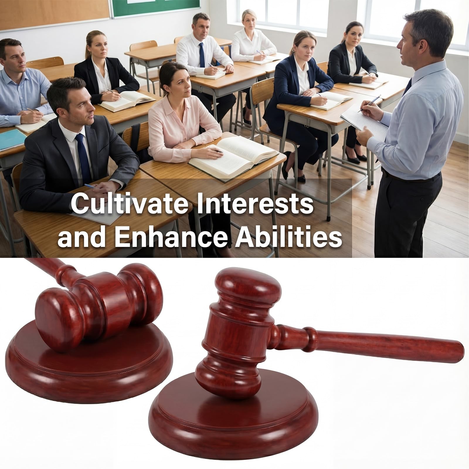 Gavel and Block Set, Wooden for Meetings with Sound Block, Natural Wood