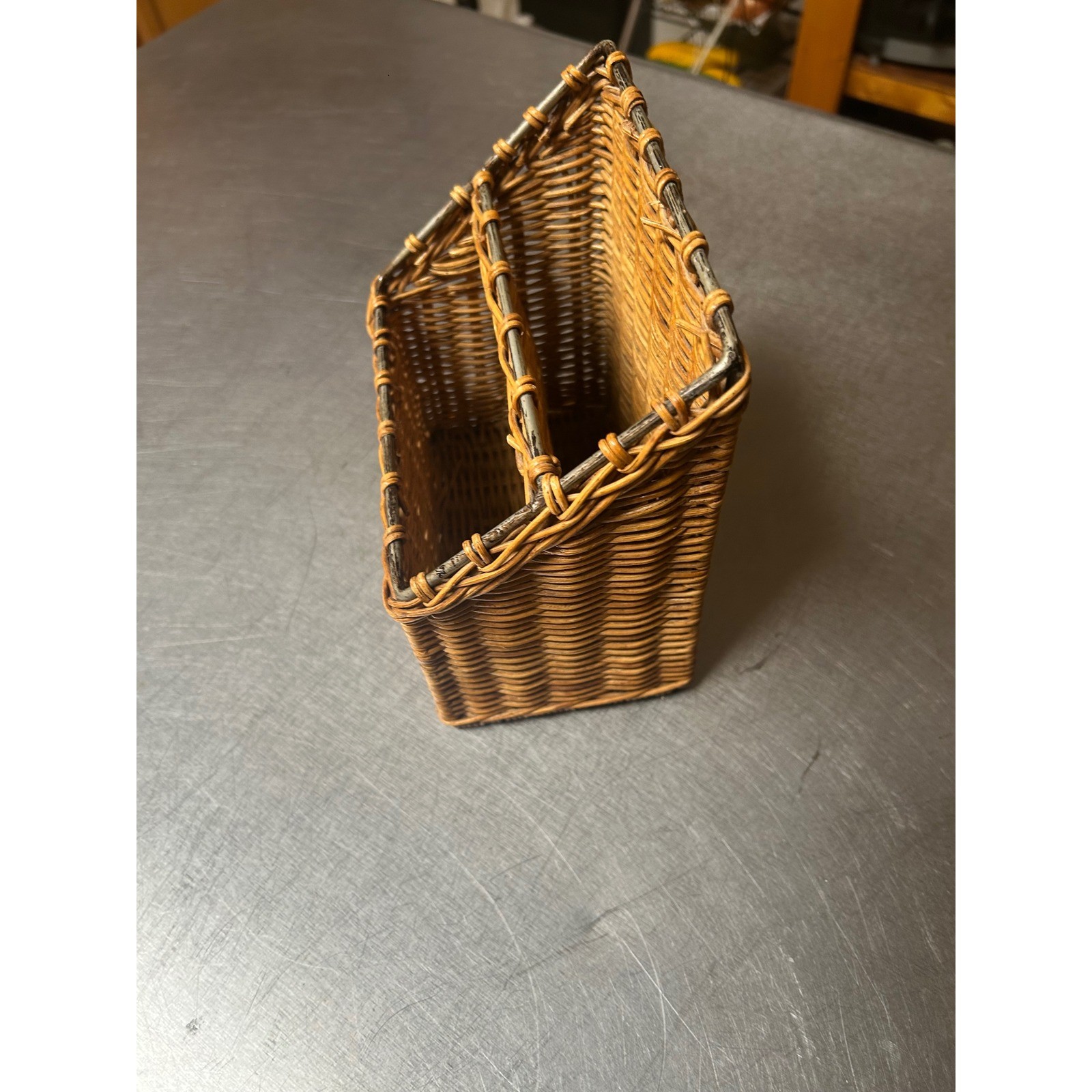 Vintage Wicker Desk Organizer Letter Holder Two Tier Metal Frame Brown Rustic