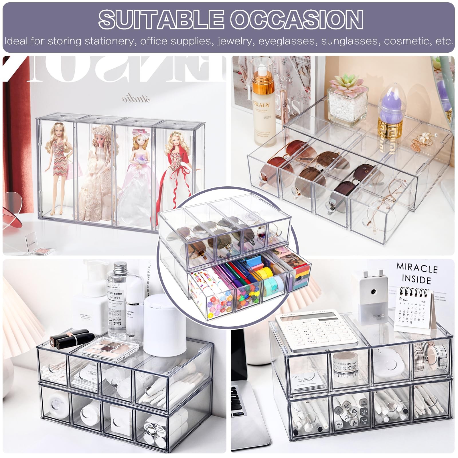 Desk Organizer with 8 Drawers, FODIENS 2 Packs Stackable Desktop Transparent