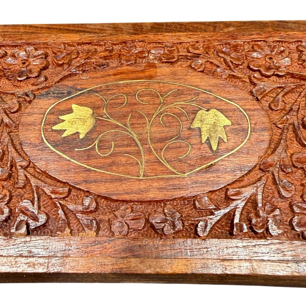 Vintage India Hand Carved Floral Wooden Mail Brass Inlay Organizer Letter Holder