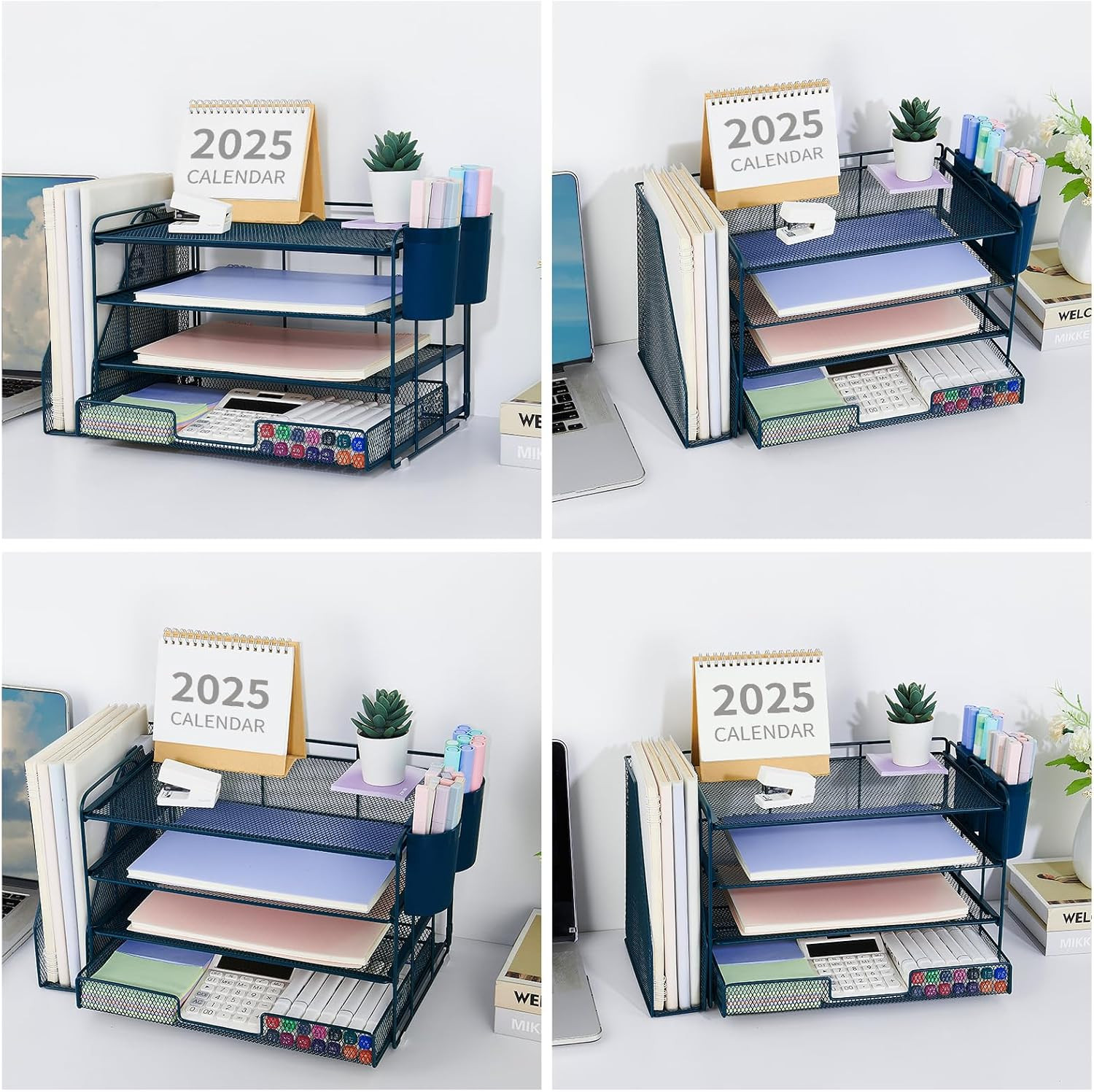 Desk Organizer, 4-Tier Desktop File Organizer with Drawer and 2 Pen Holders, Off