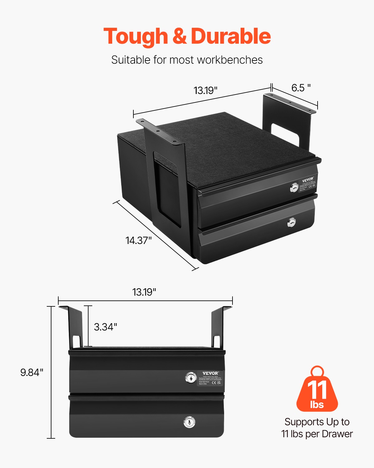 VEVOR 2 Drawer 13″ Lockable Under Desk Drawer Organizer Slide-out Drawer Office