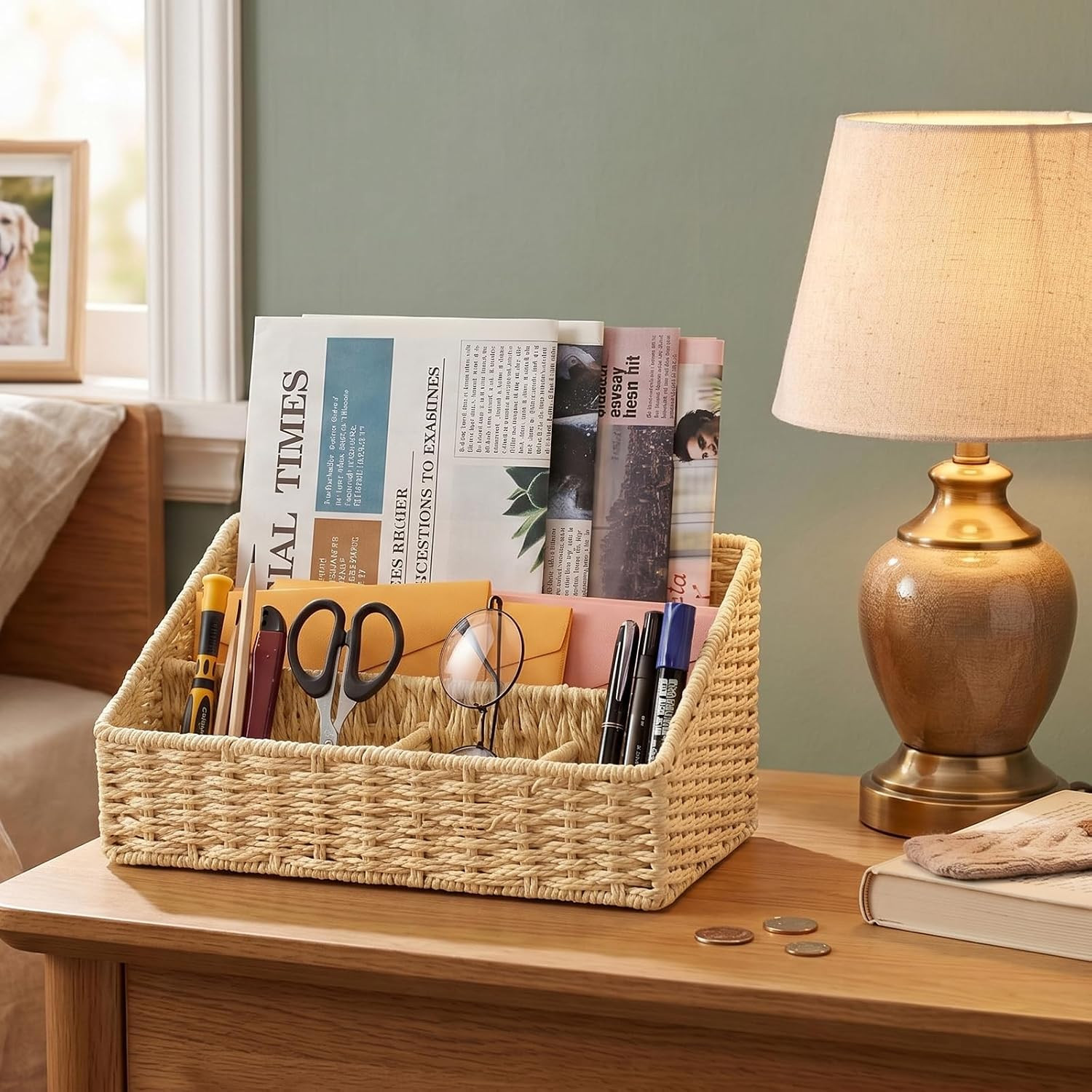 Rattan Mail Organizer – Countertop, Desk, Bills, Woven Basket, Magazine Holder