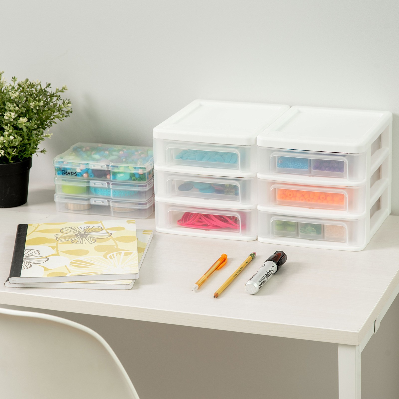 IRIS USA Plastic Stacking Desk Top 3-Drawer Storage Organizer, Small, White
