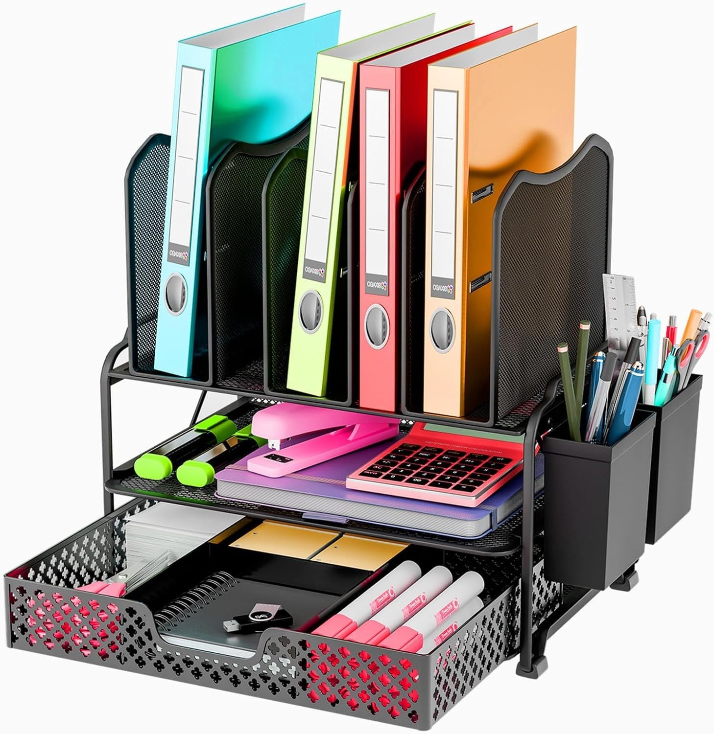 Desk File Organizer with Sliding Drawer Metal Mesh Double Tray and 5 Upright