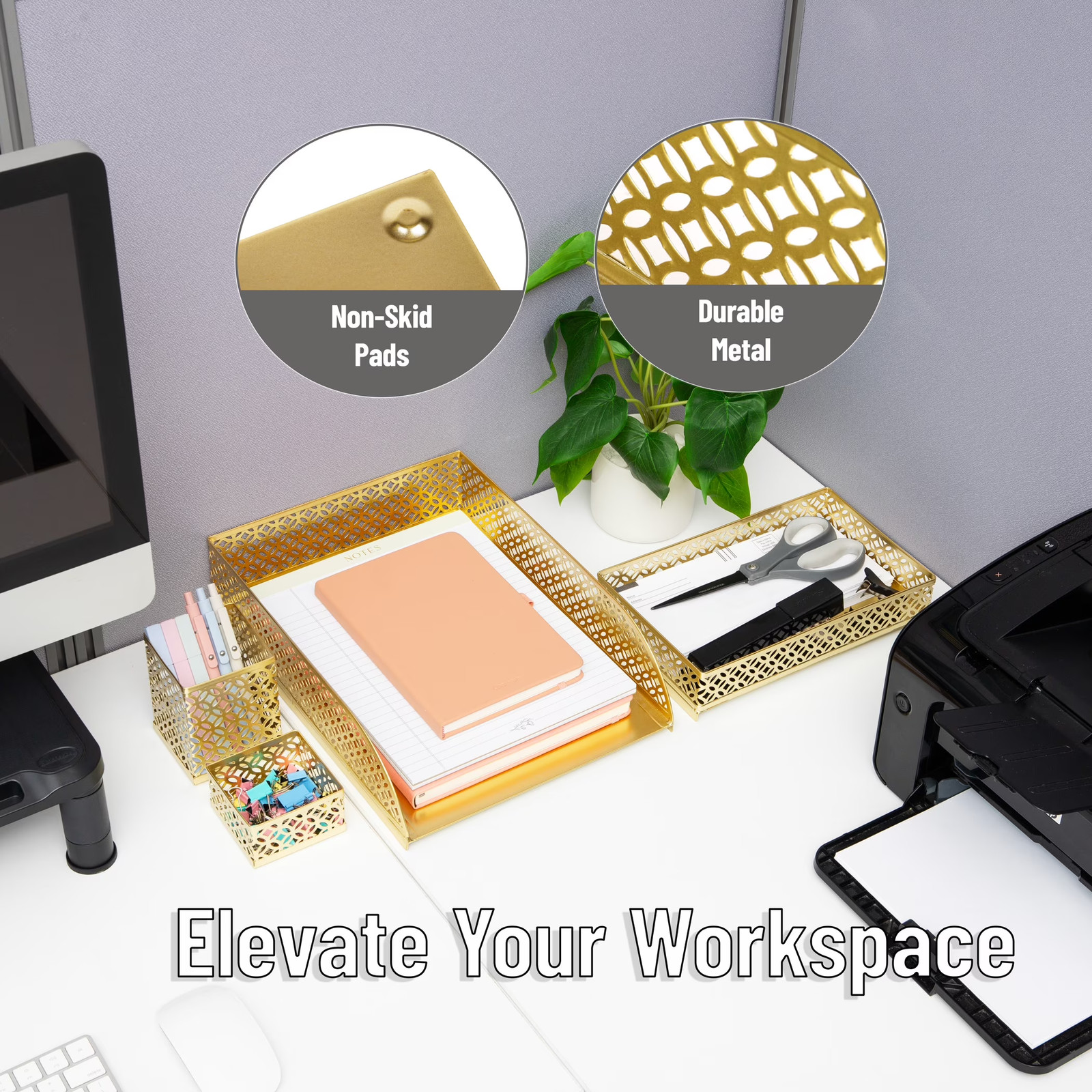 Mind Reader Gold 4-Piece Metal Desktop Organizer Set