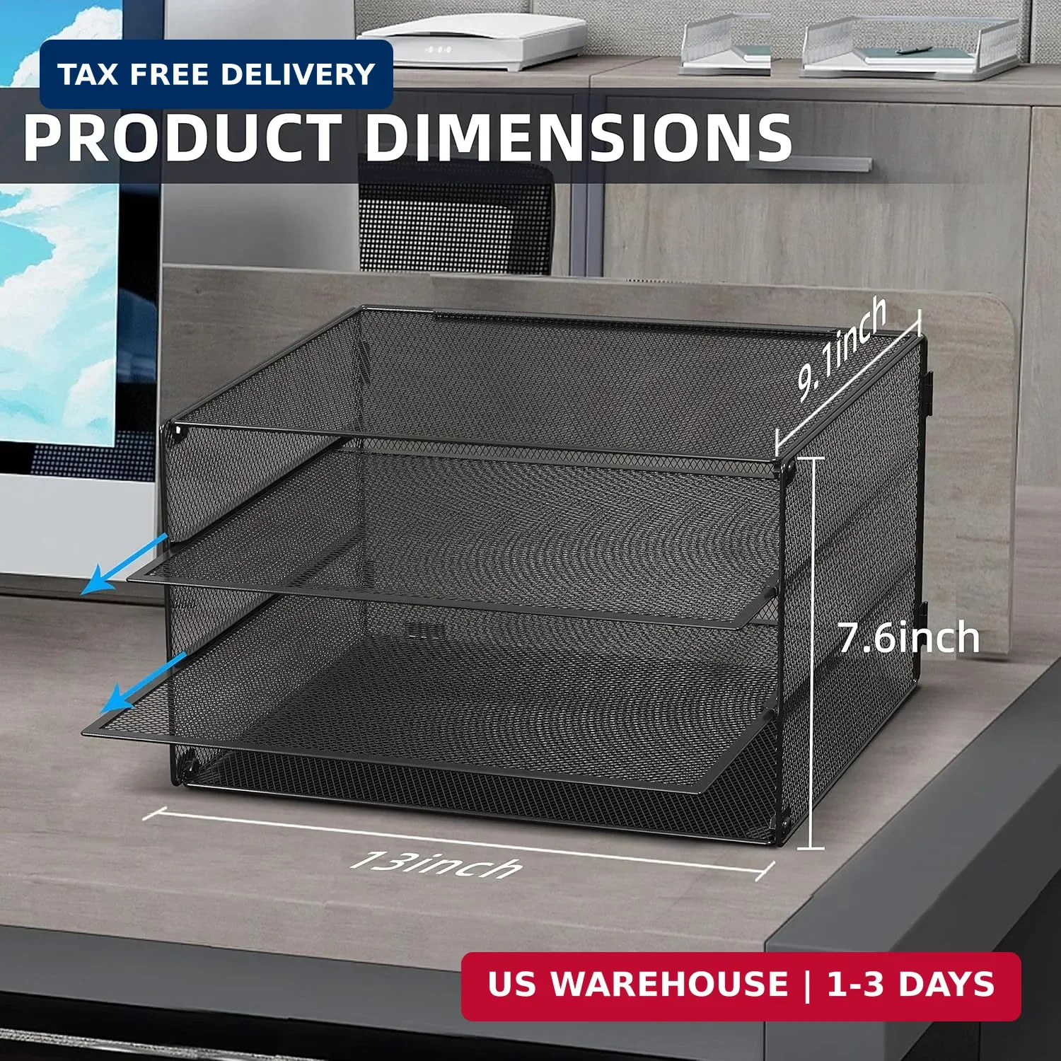 DALTACK 3 Tier Letter Tray Paper Organizer with Sliding Mesh Trays Black | Metal