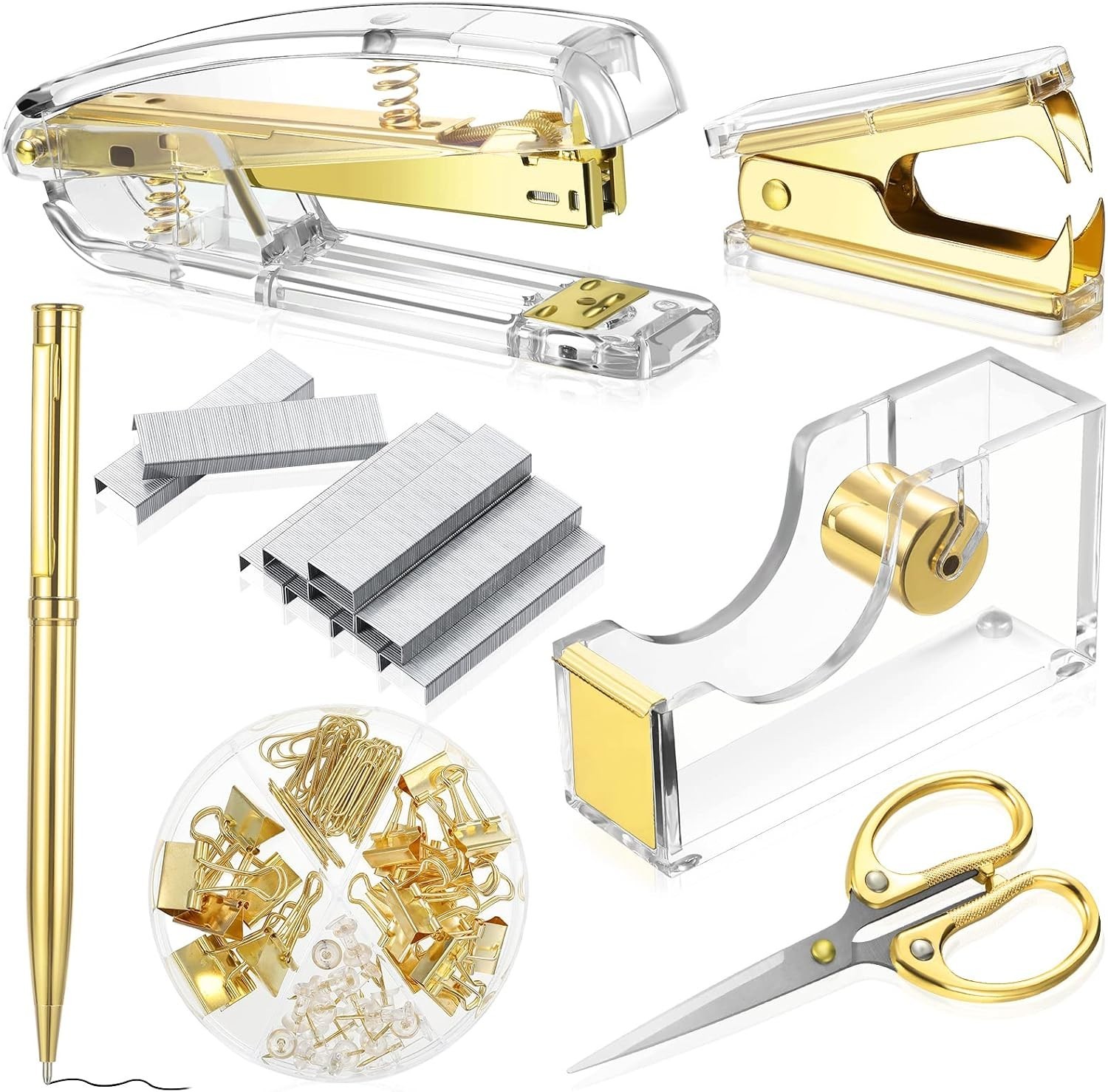Deluxe Acrylic Office Supplies Set: Gold Stapler & More, 1000 Staples Included