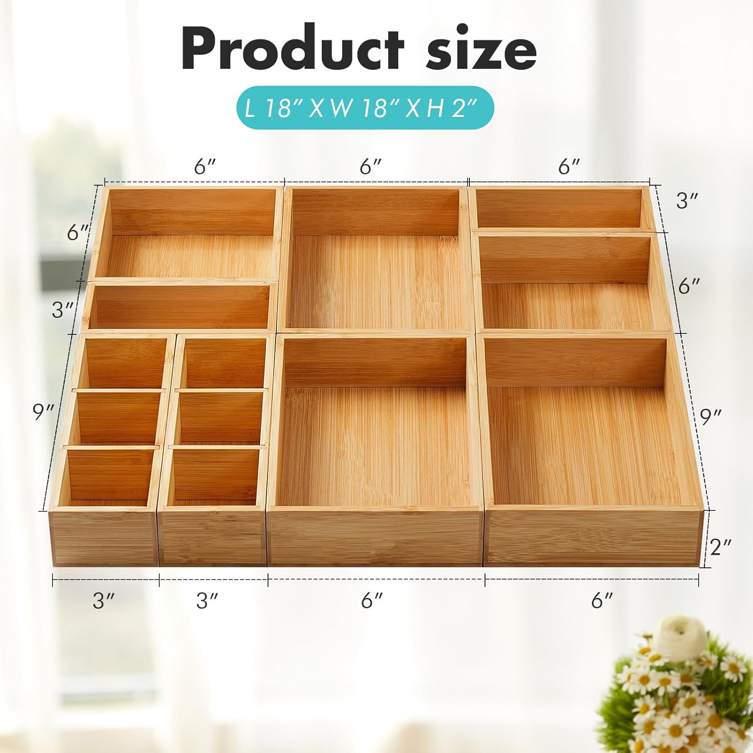 Bamboo Drawer Organizer Set of 9 Wood Storage Boxes for Kitchen Desk Bath