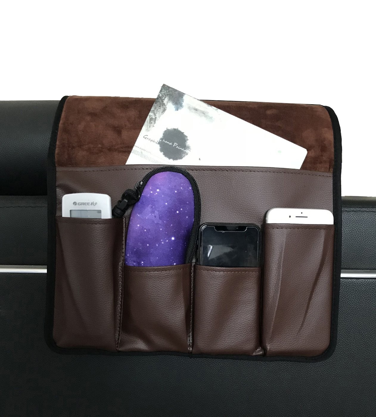 Brown Velvet Sofa Couch Chair Armrest Soft Caddy Organizer Holder Remote