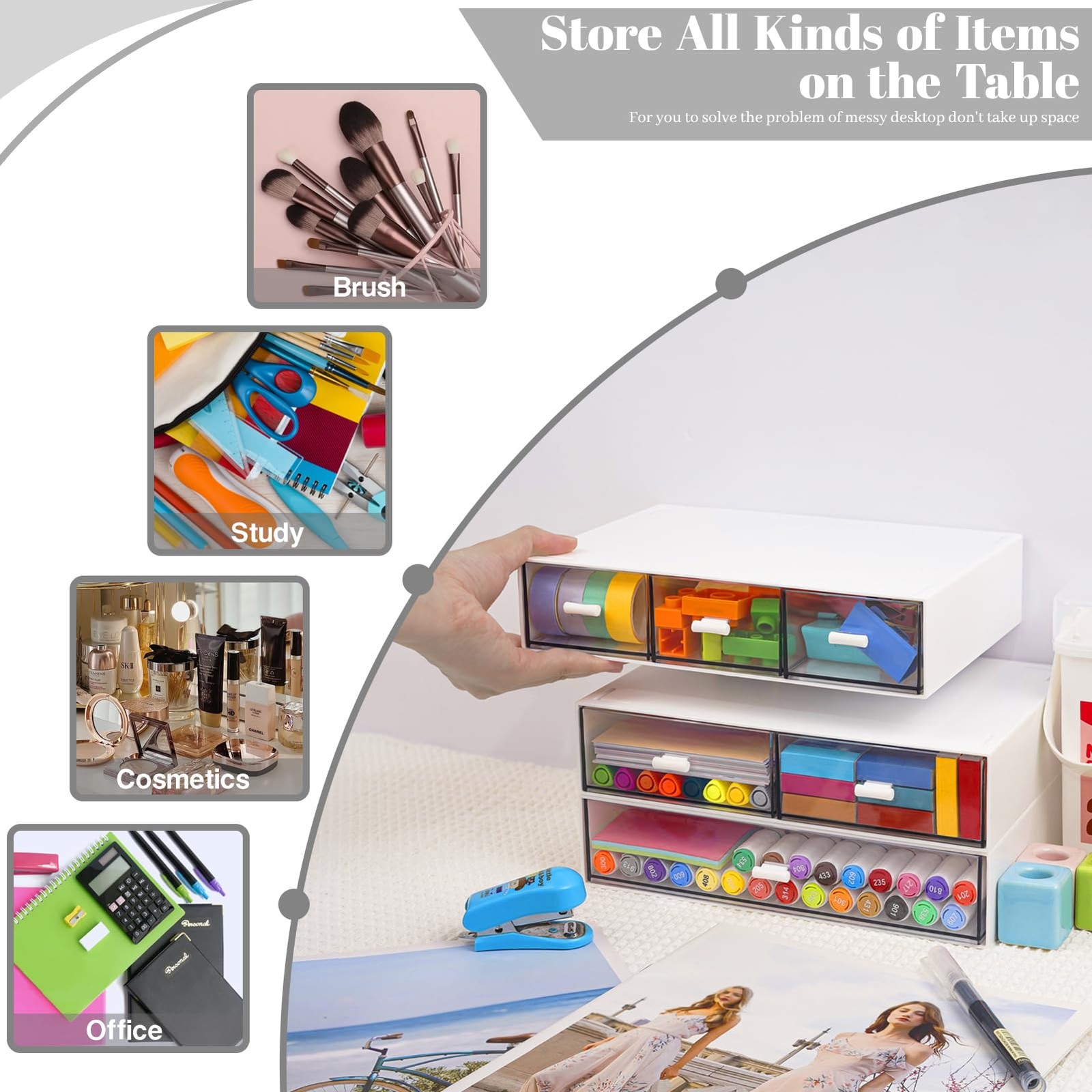 3 Tier Stackable Desk Organizer with 6 Drawers, Plastic Desktop Storage Box D…