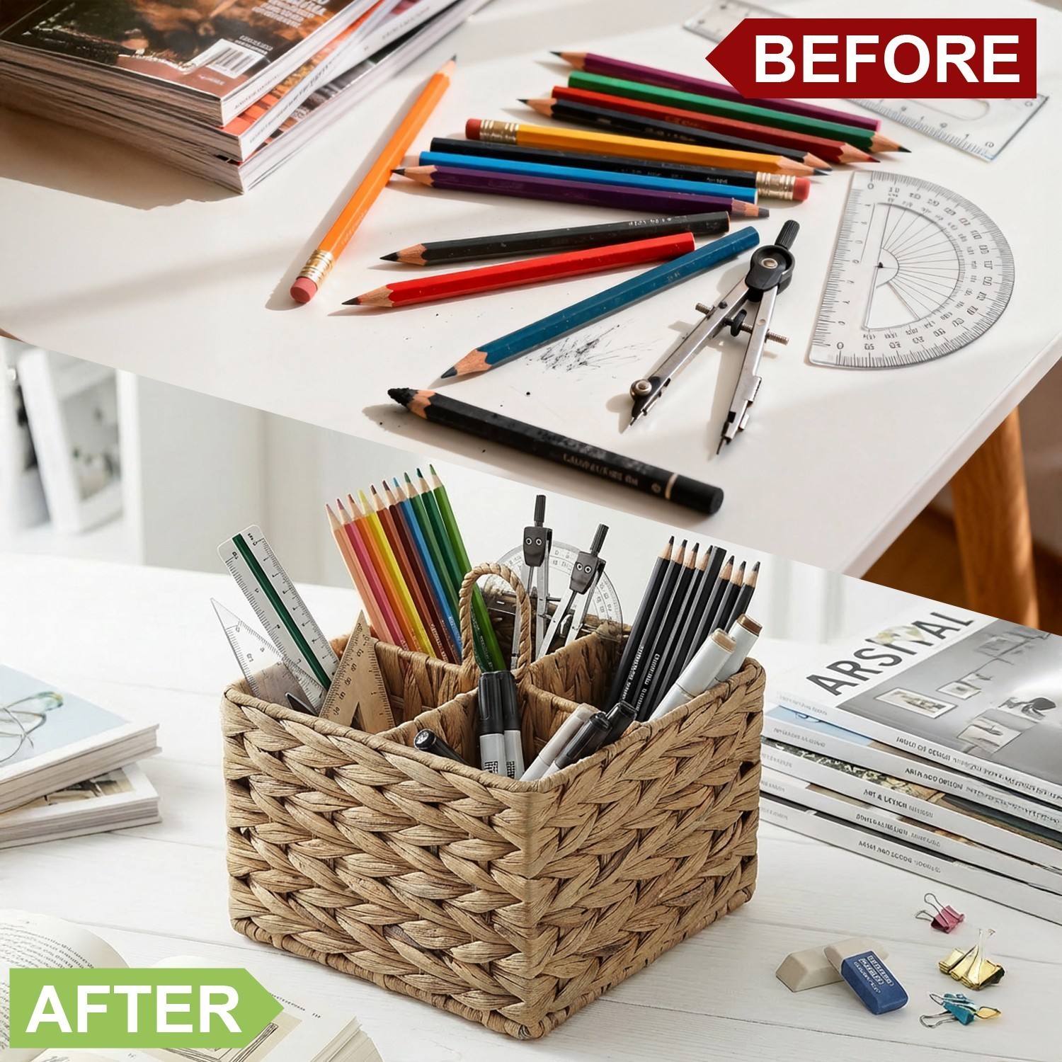 Garnen Pen Holder for Desk 4 Slots Wicker Basket Desk Pen Holder Organizer