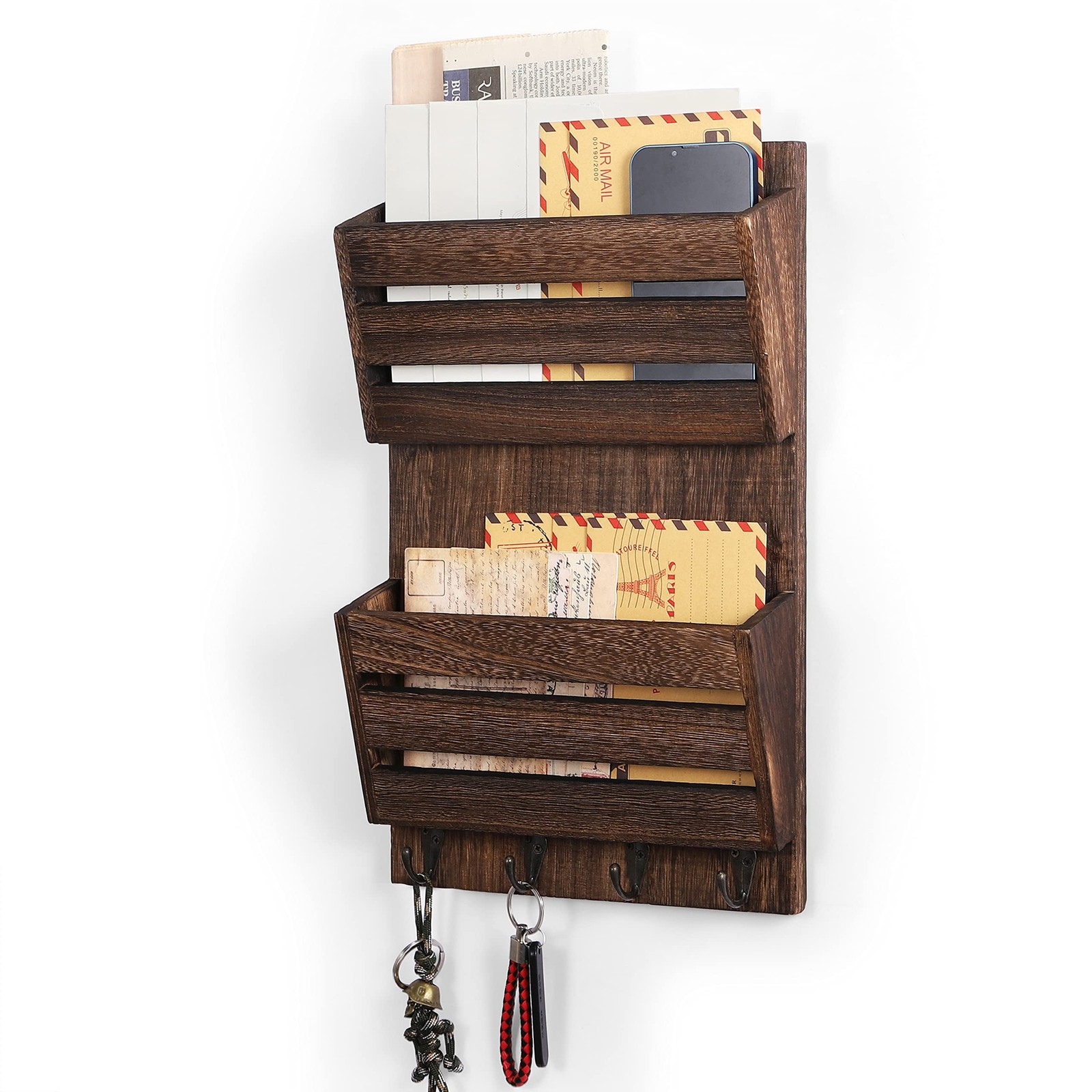 Organizer Wall Mount with Key Hooks, 2-Slot Wood and Key Holder, Wall File Or…
