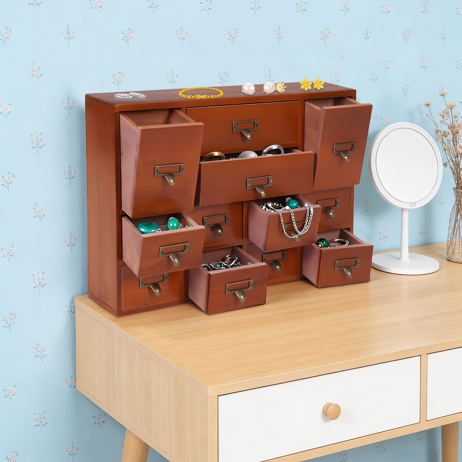12 Drawer Storage Box Desktop Organizer 3 Size Office Cosmetics Jewelry Brown