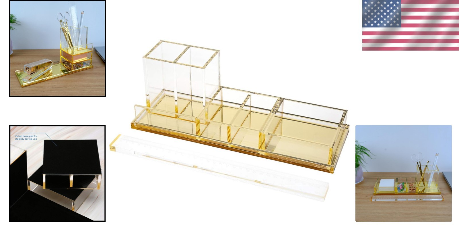Gold Acrylic Desk Organizer Set with Free Ruler