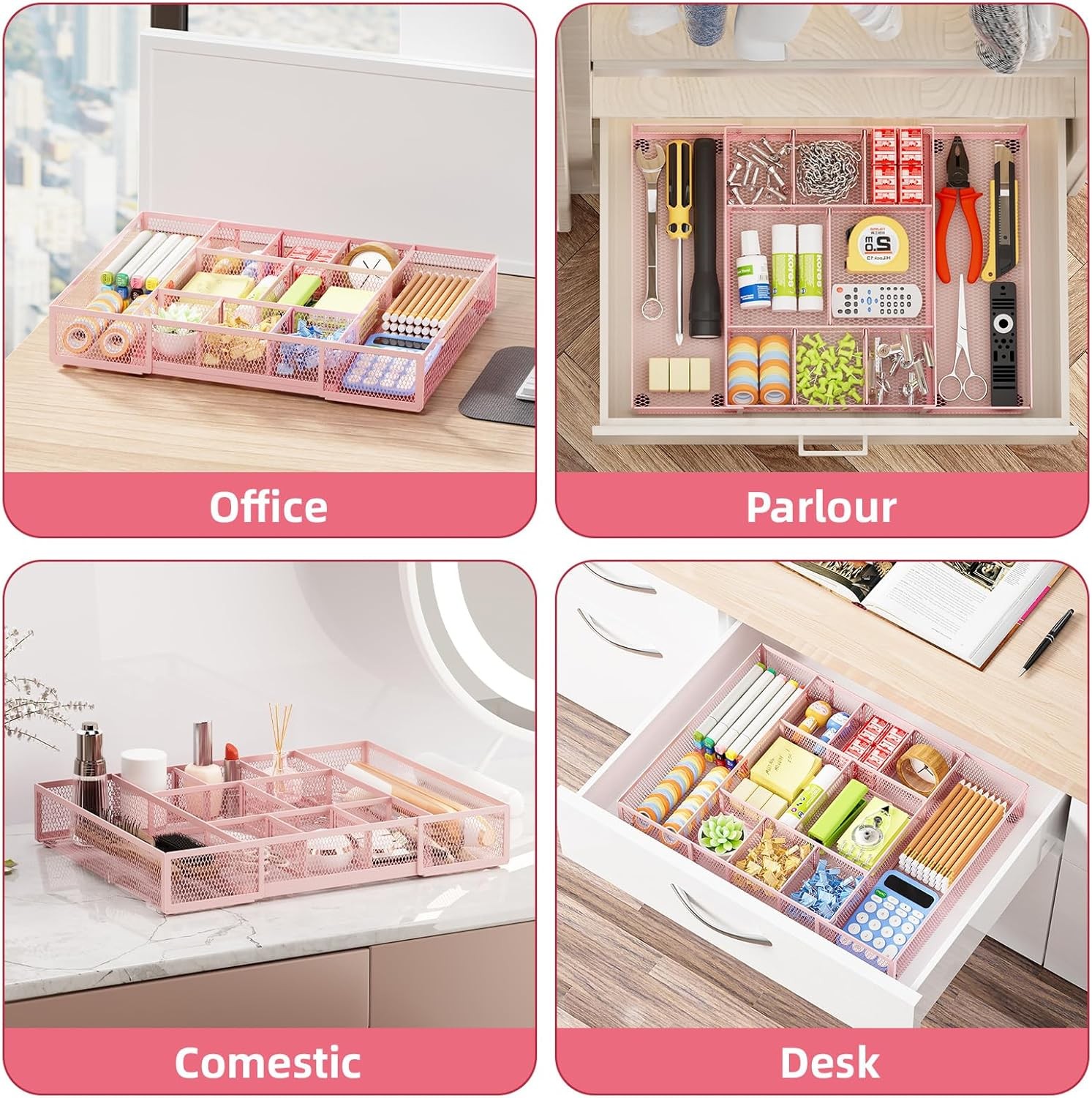 Expandable Desk Drawer Organizer,Mesh Tray w/ 10 Adjustable Compartment Organize
