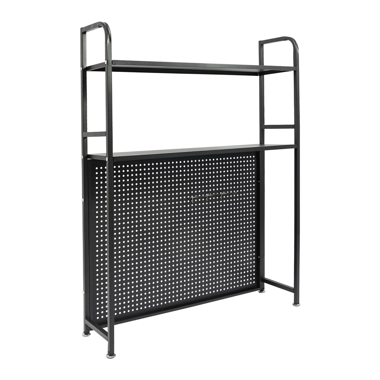 2-Tier Desktop Storage Rack with 3 Hooks, Black Carbon Steel Tabletop Shelf