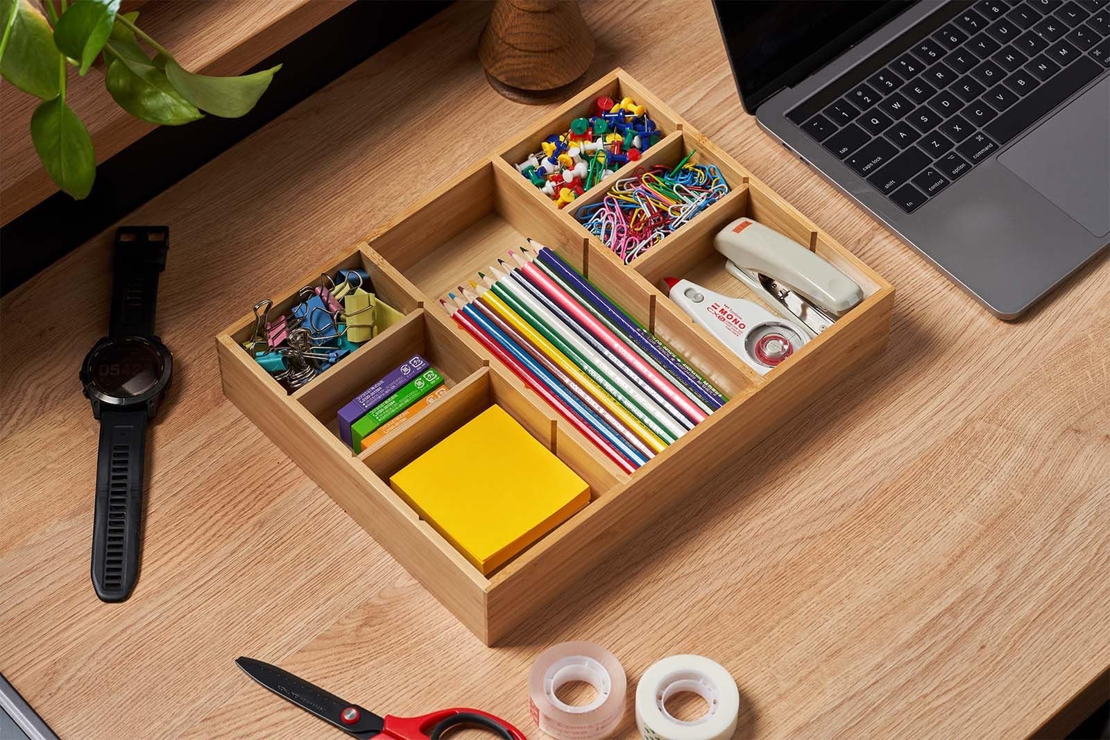 Umilife Bamboo Desk Drawer Organizer, Wood Junk Organizer Tray with Adjustabl…