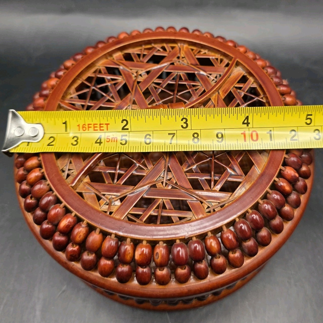Vintage Bamboo Handmade Open Weave Lacquered Braided Trinket Nox with Lid