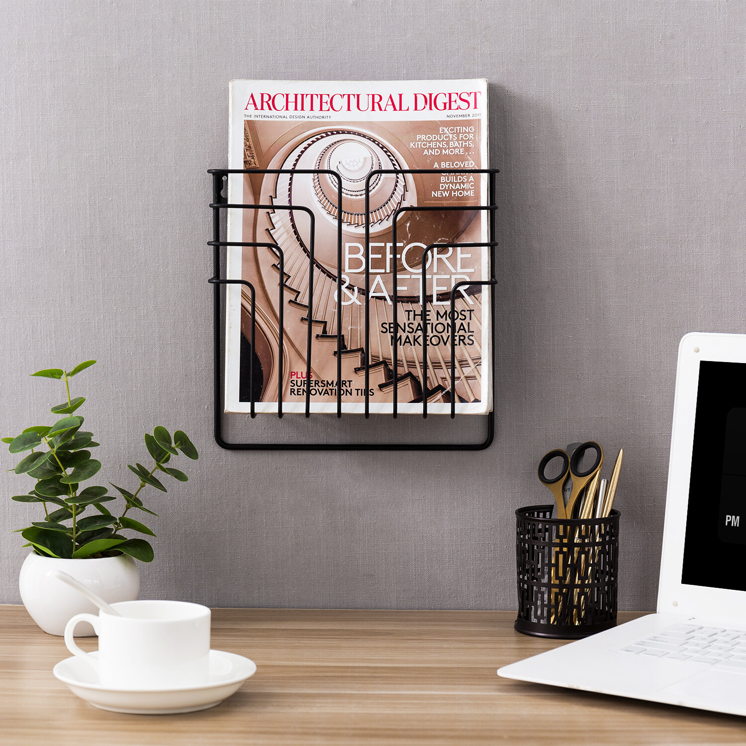 MyGift Modern Black Metal Wire Wall Mounted Magazine and File Folder Holder Rack