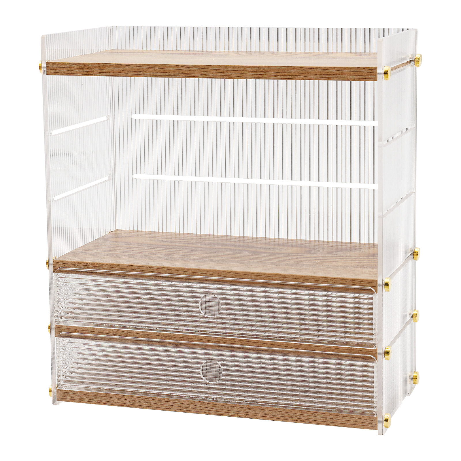 4 Tier Wood Desktop Organizer Clear Show Shelf Adjustable Desk Stroage W/ Drawer