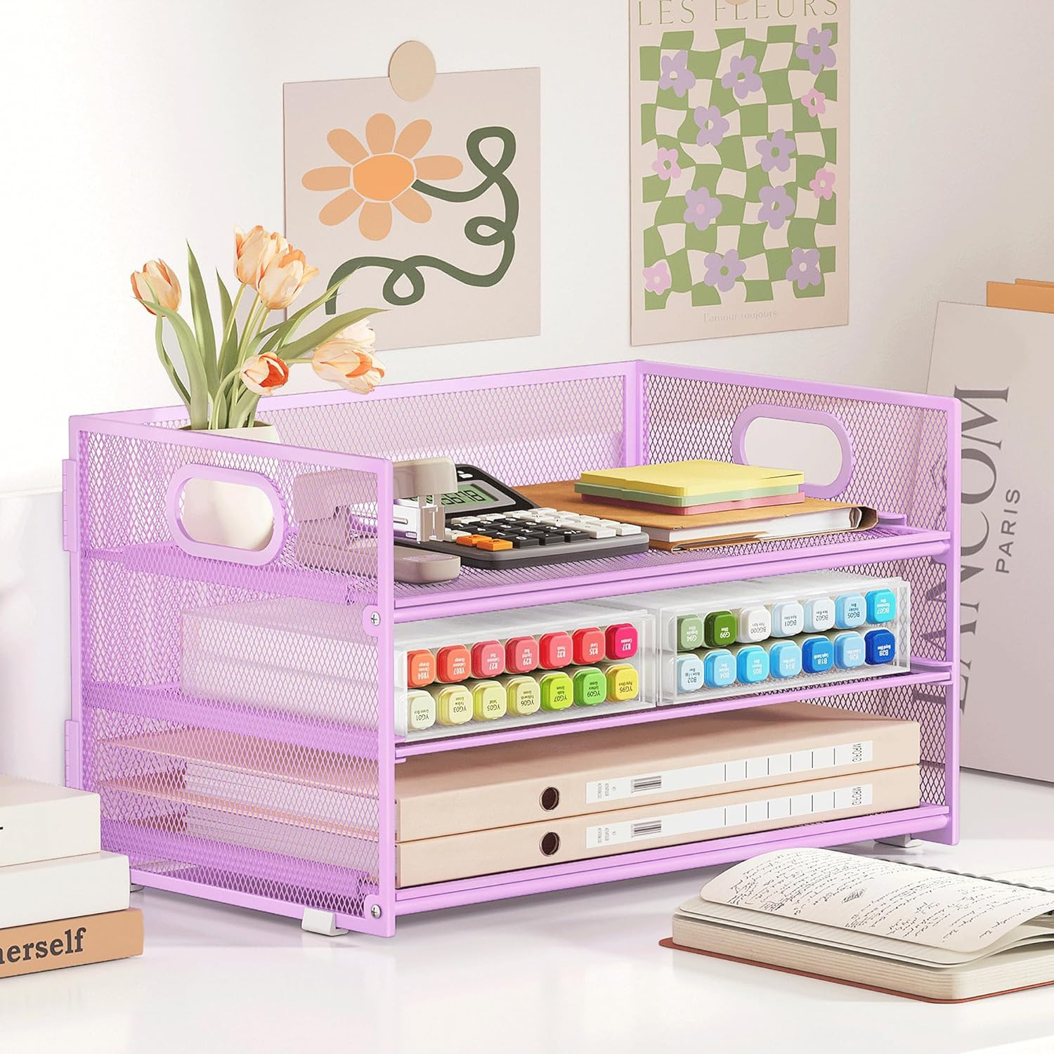 3 Tier Letter Tray Paper Organizer with Handle and 1 PC Sliding Tray, Purple Met