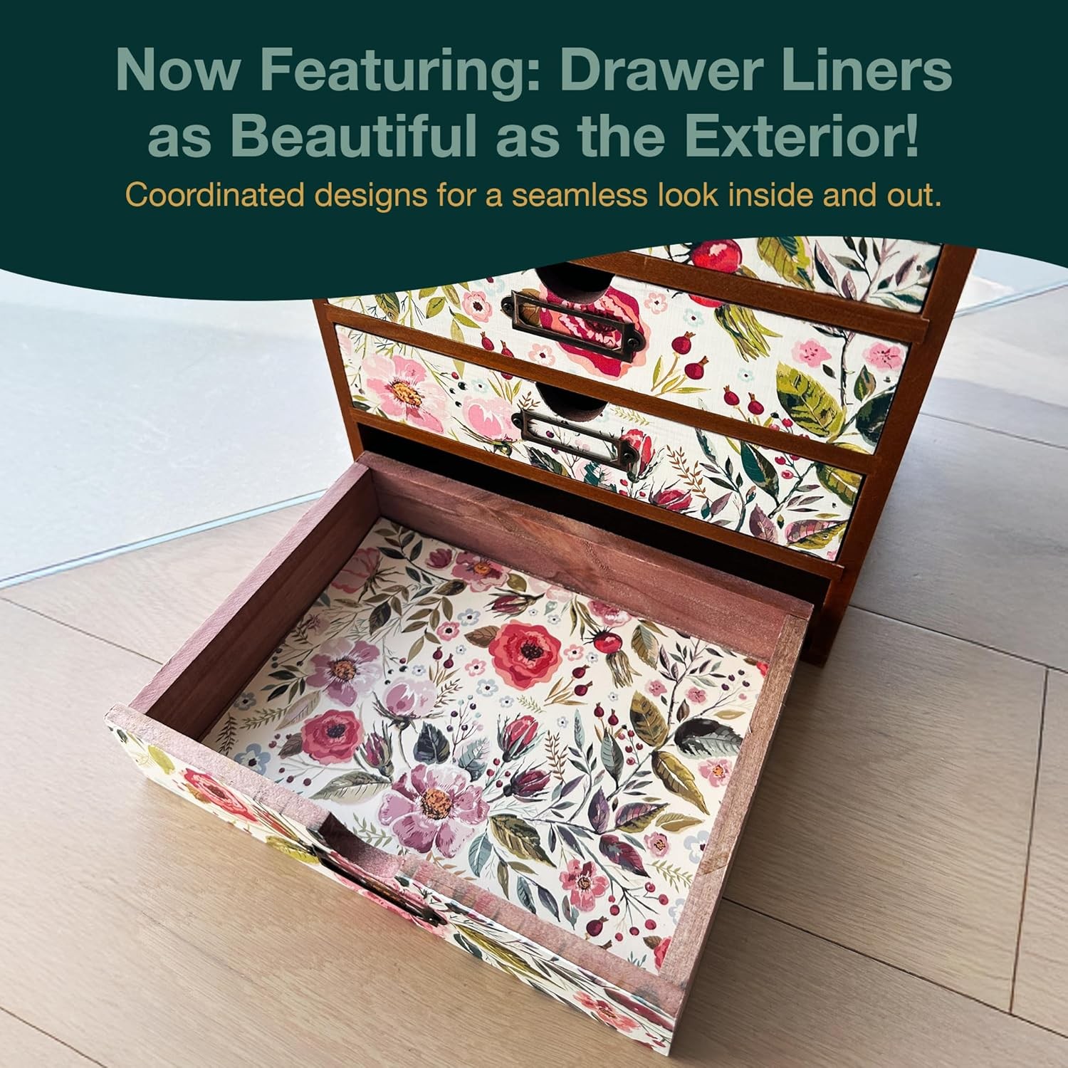 4-Drawer Vintage Desk Organizer in Floral Vibrant Botanical Flower on White