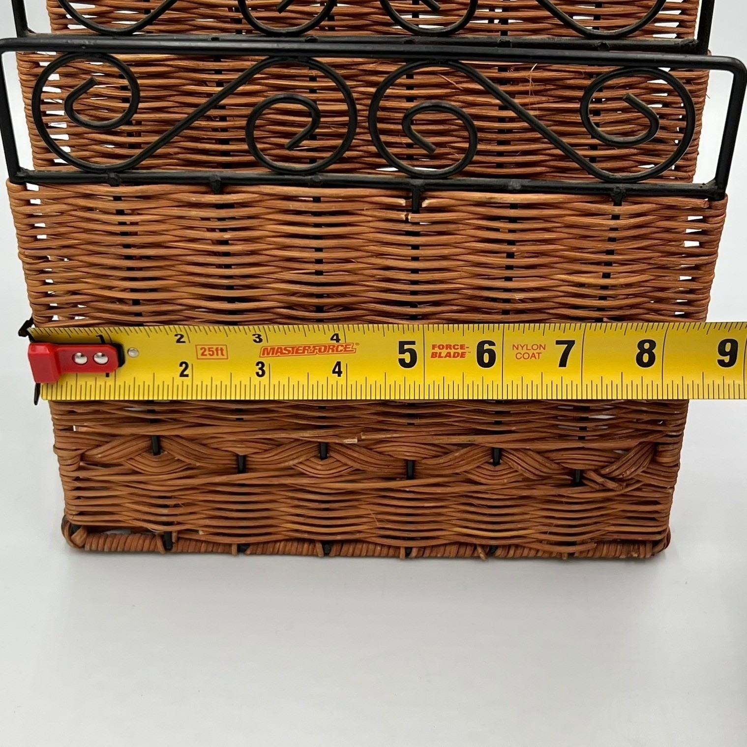 Woven Wicker Metal Scroll Letter Mail Organizer Brown Black Very Good 4-Slot