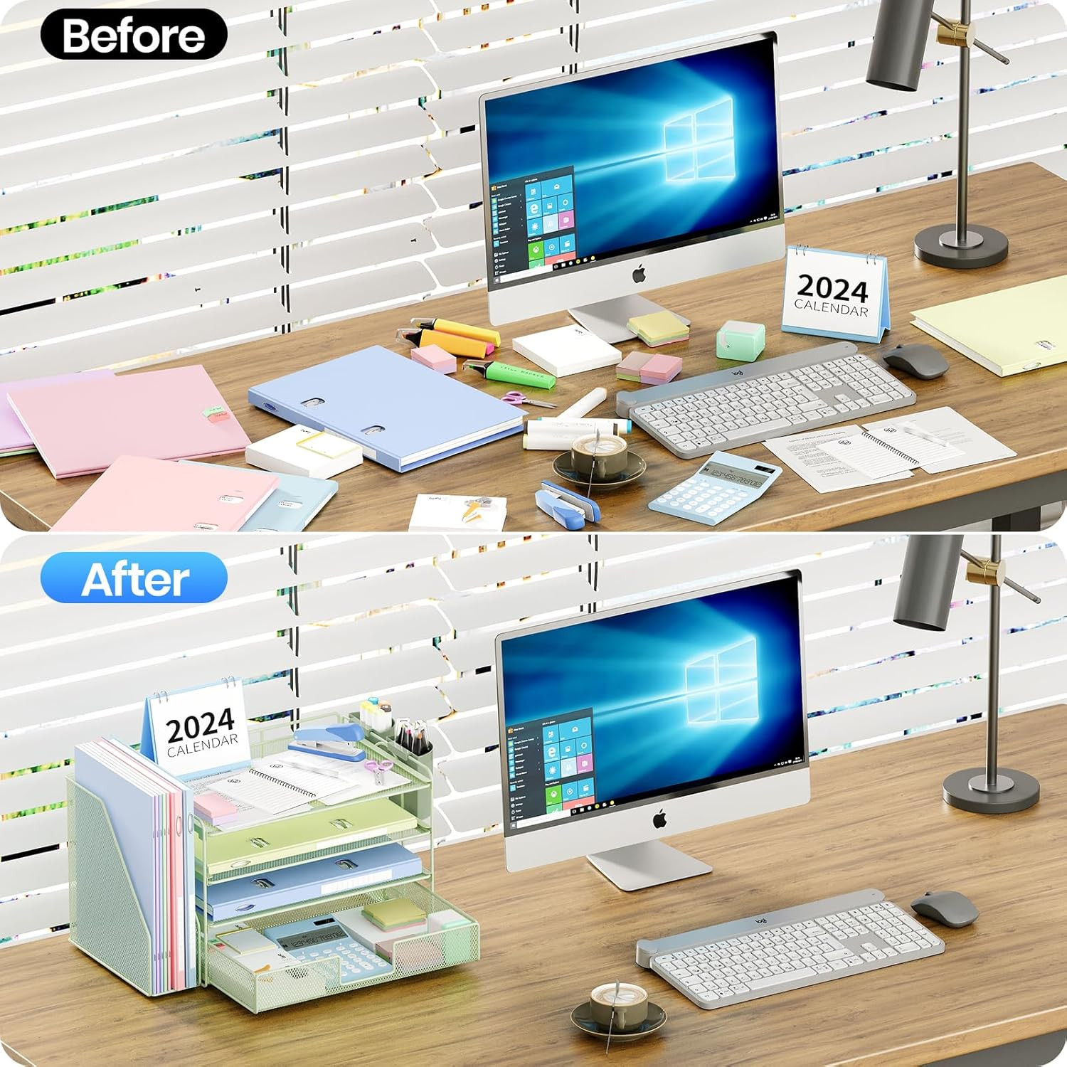 Desk Organizer, 4-Tier Desktop File Organizer with Drawer and 2 Pen Holders, Off