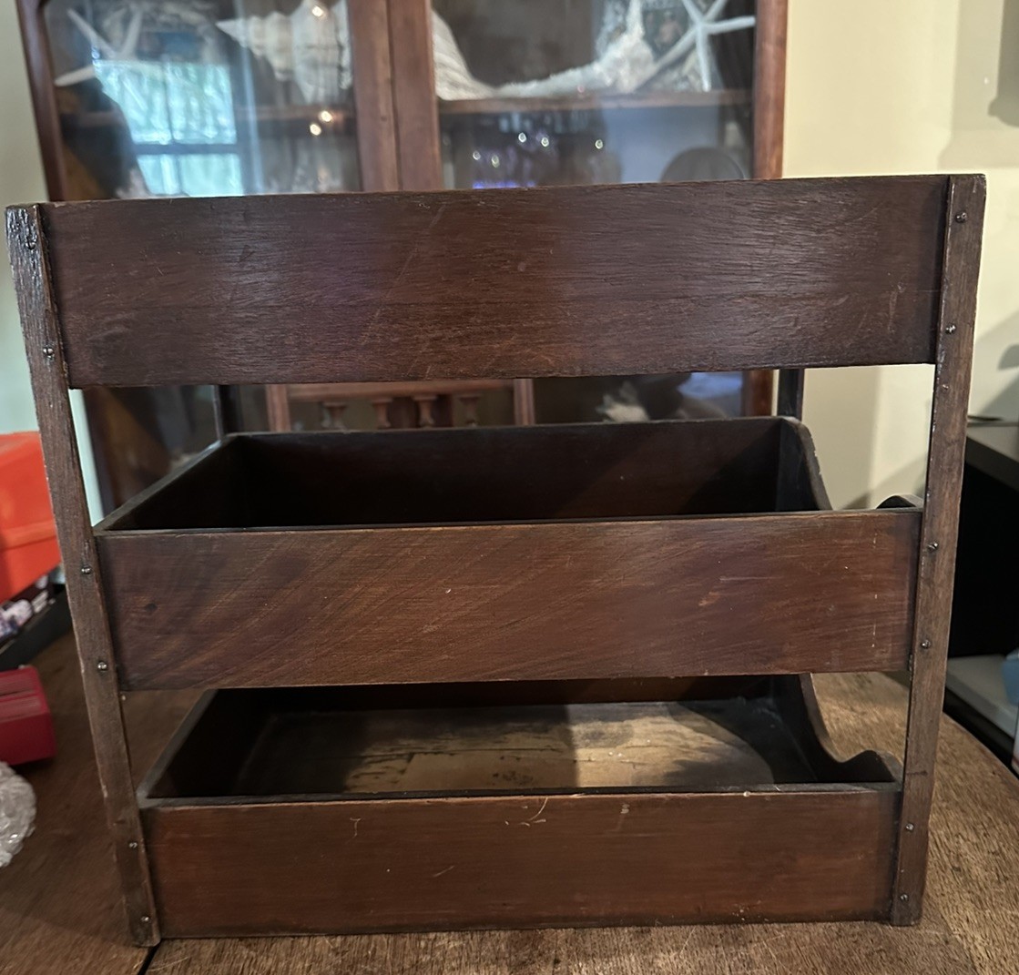 Antique Desk Top Letter Tray File Holder Wooden 3 Tier