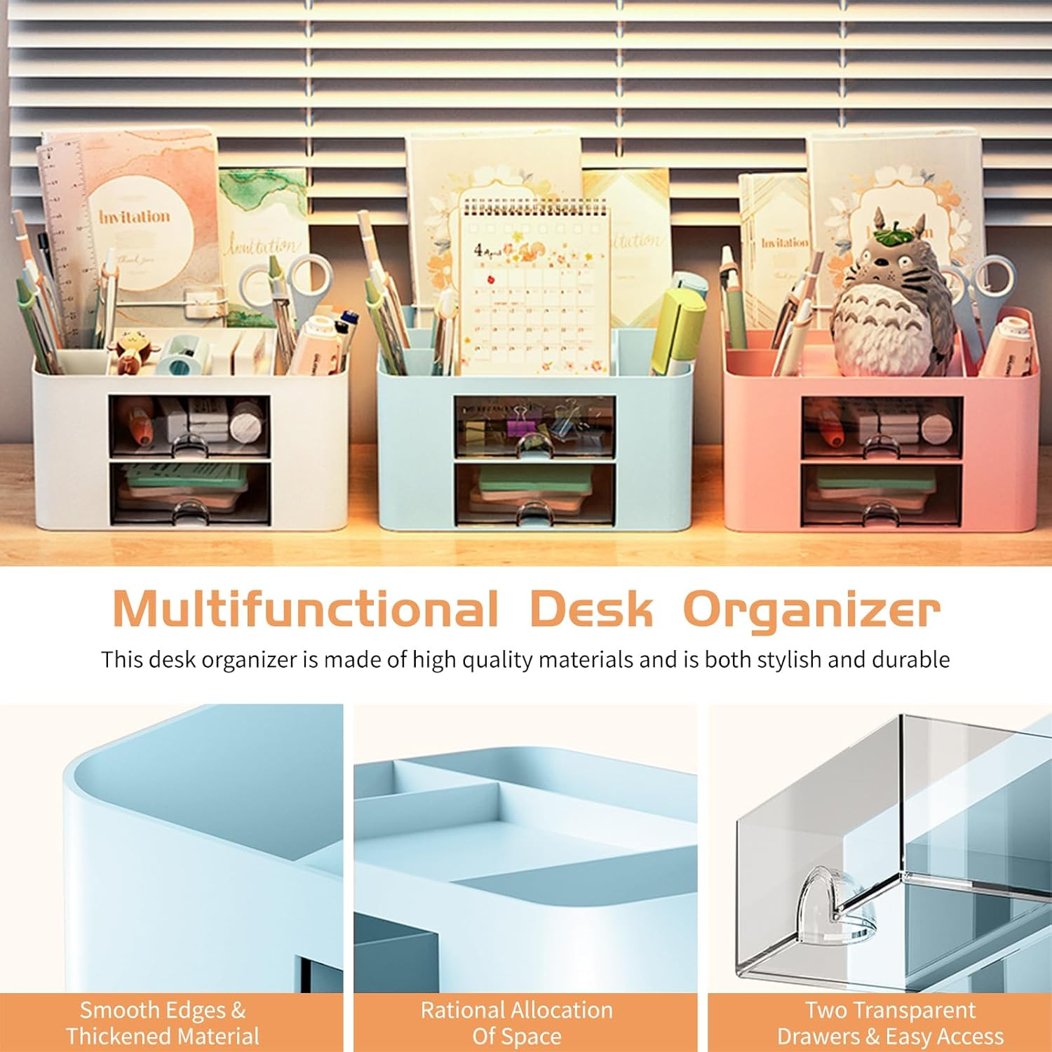 Pencil Pen Holder for Desk,2 Drawer Desk Organizers,5 Compartments Desktop Stora