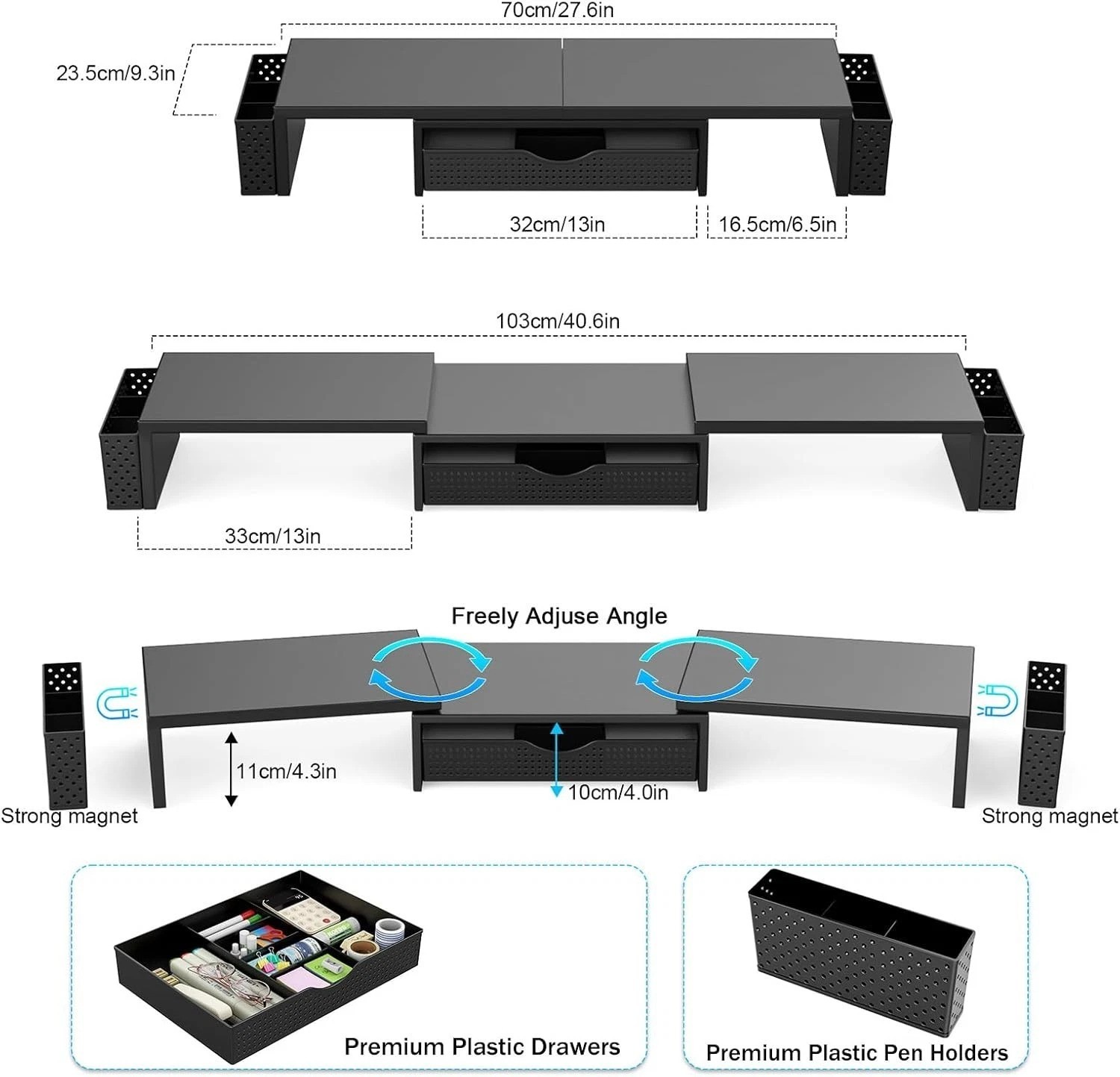 Ergonomic Dual Monitor Stand with Drawer & Pen Holders – Black Desktop Organizer