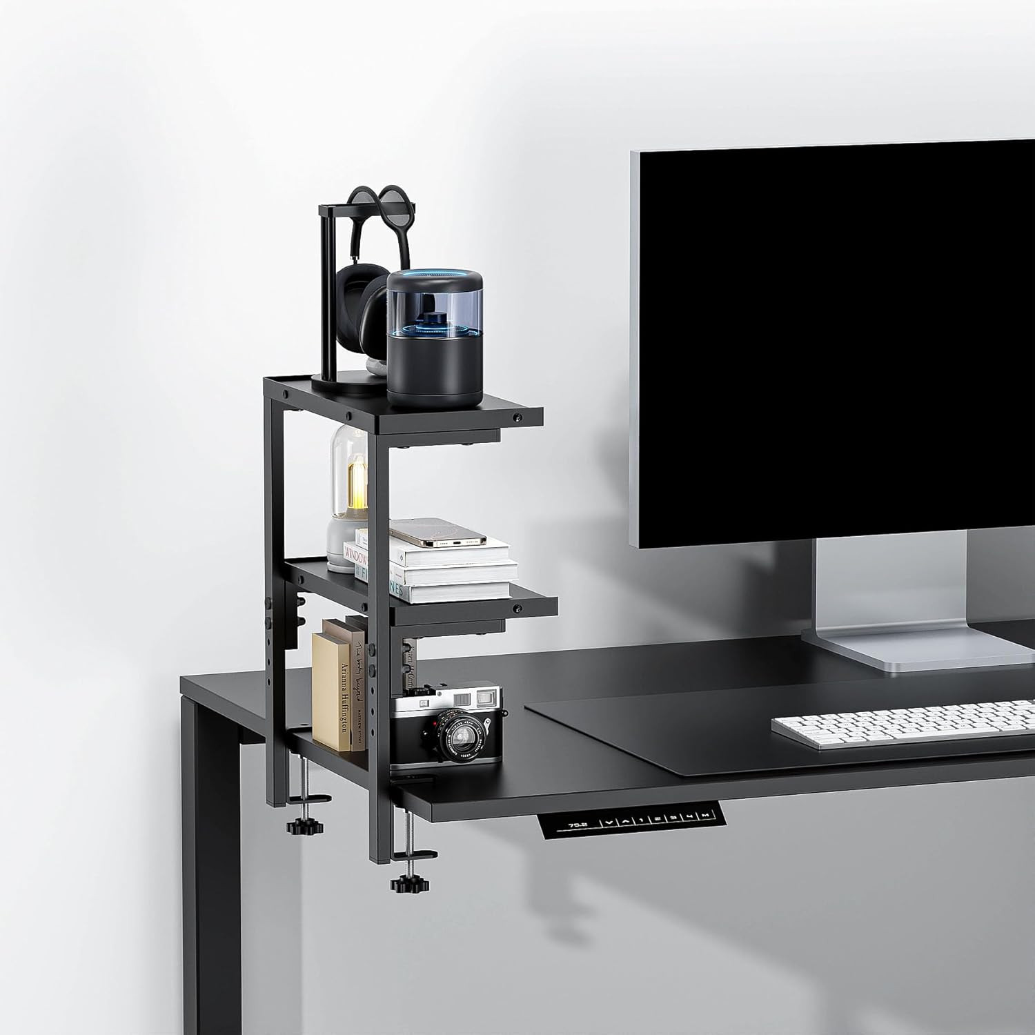 Clamp on Desk Shelf, 2 Tier Office Desk Shelves Organizer, Wood Desktop Supplies