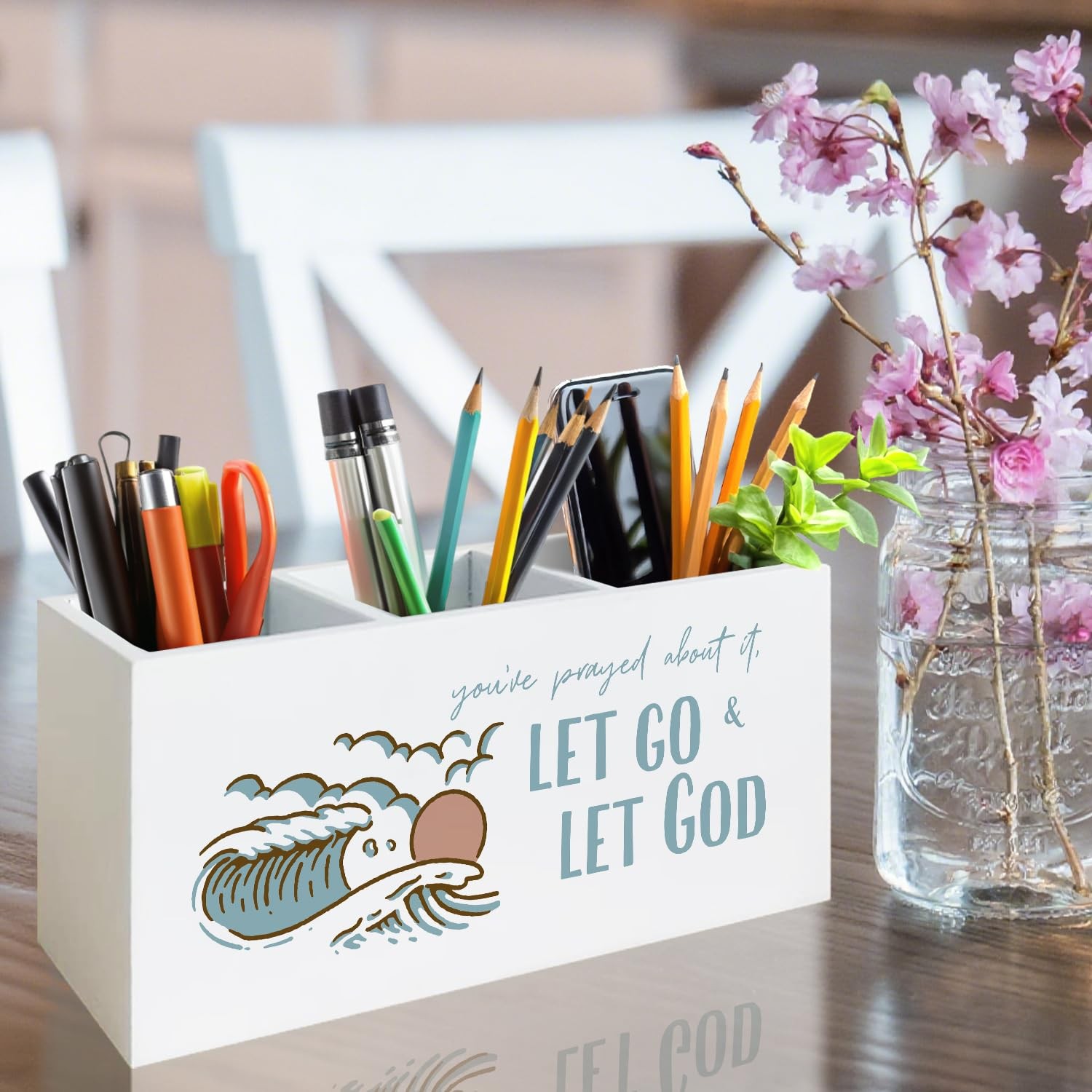 Boho Coastal Beach Christian Pen Holder for Desk, Bible Verse Wooden Sign Des…