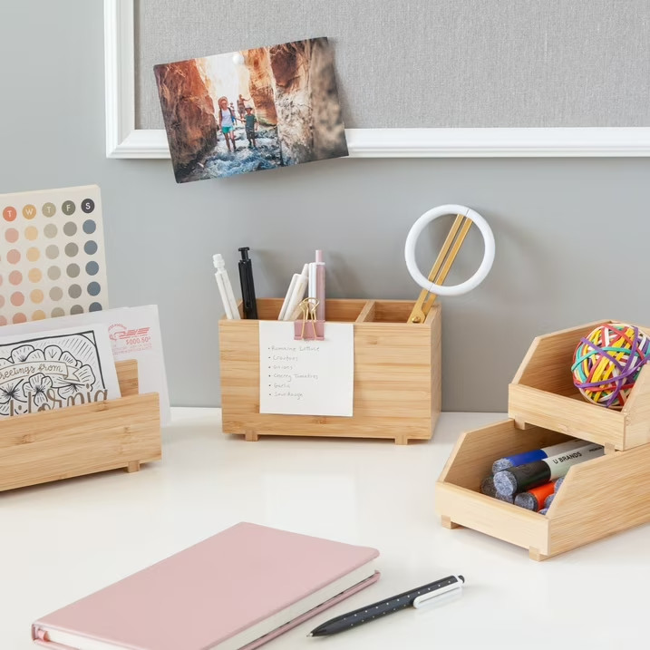 U Brands Zen Bamboo Desktop Organizer 3 Compartment Wood Pen Pencil Holder Tray