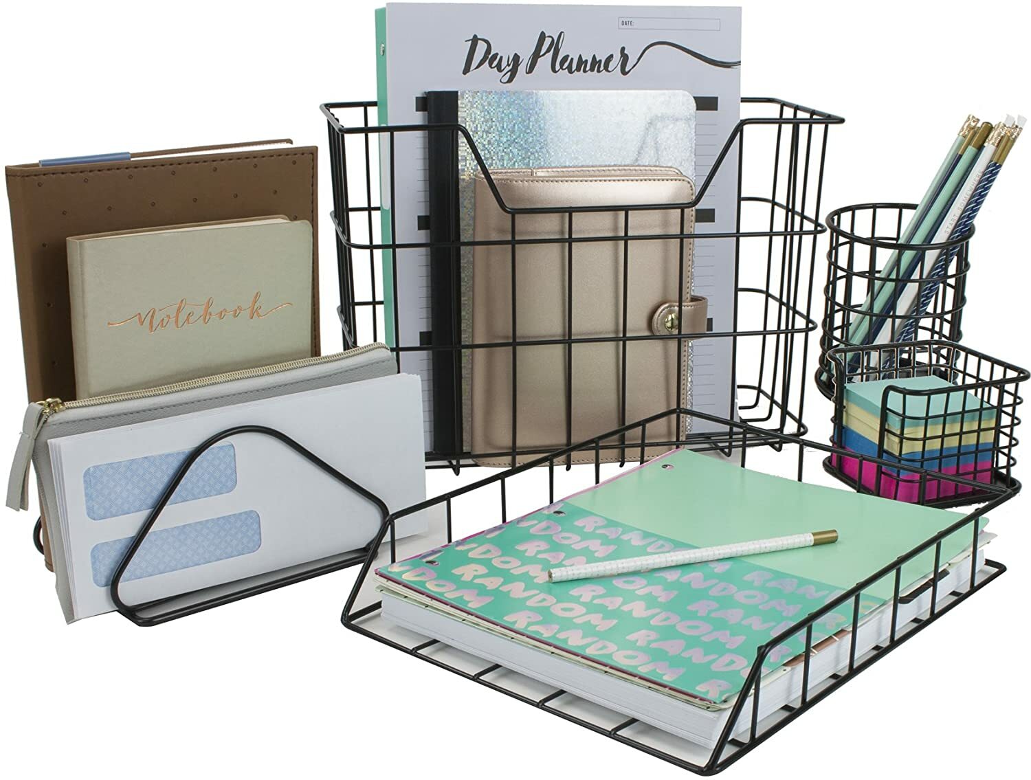 Sorbus 5 in 1 Desk Workspace Organizer Set for Home or Office (Wire Metal Black)