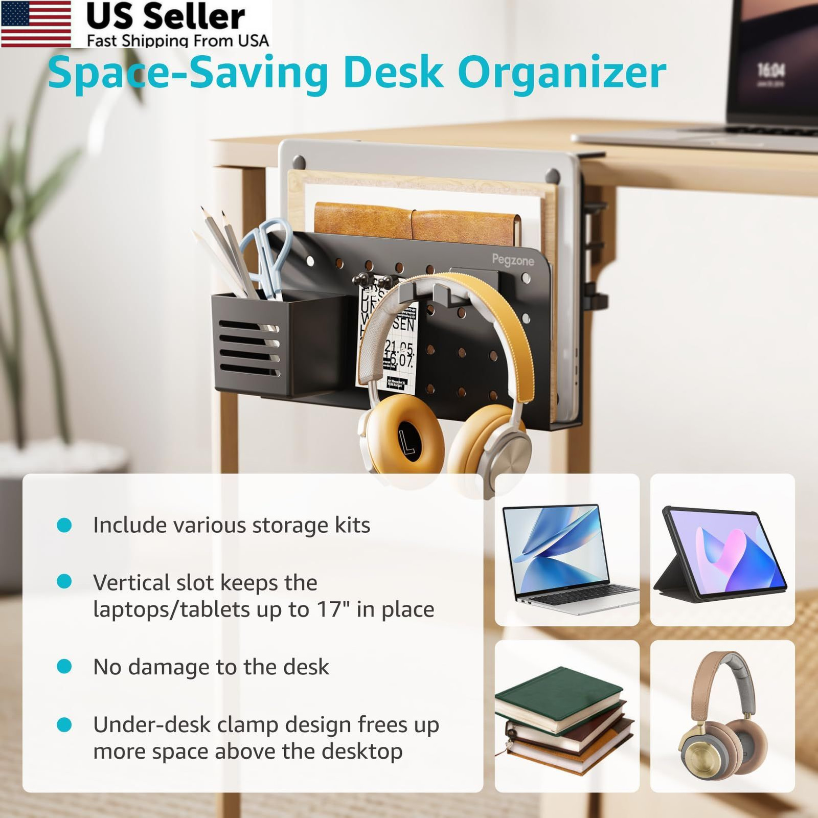 PEGZONE Desk Side Storage Organizer, No Drill 1.8 x 12 x 8.5 inches, Black
