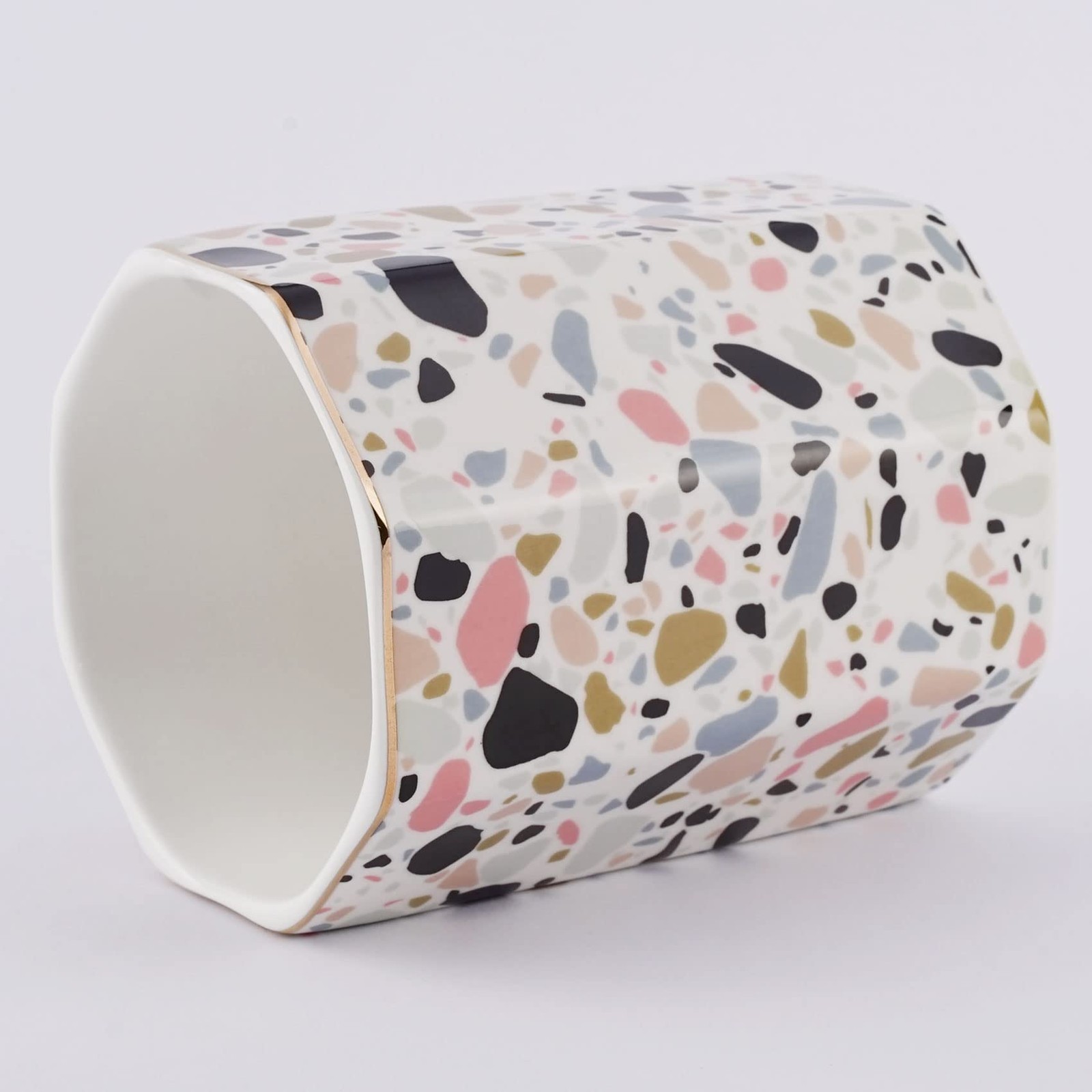 Pen Holder, Makeup Brush Holder Ceramic Shiny Gold Terrazzo Marble Stone Patt