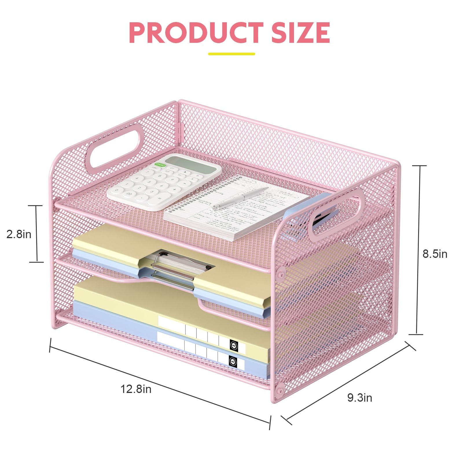 3 Tier Pink Letter Tray Paper Organizer with Handle, Mesh Desk Organizer Pape…