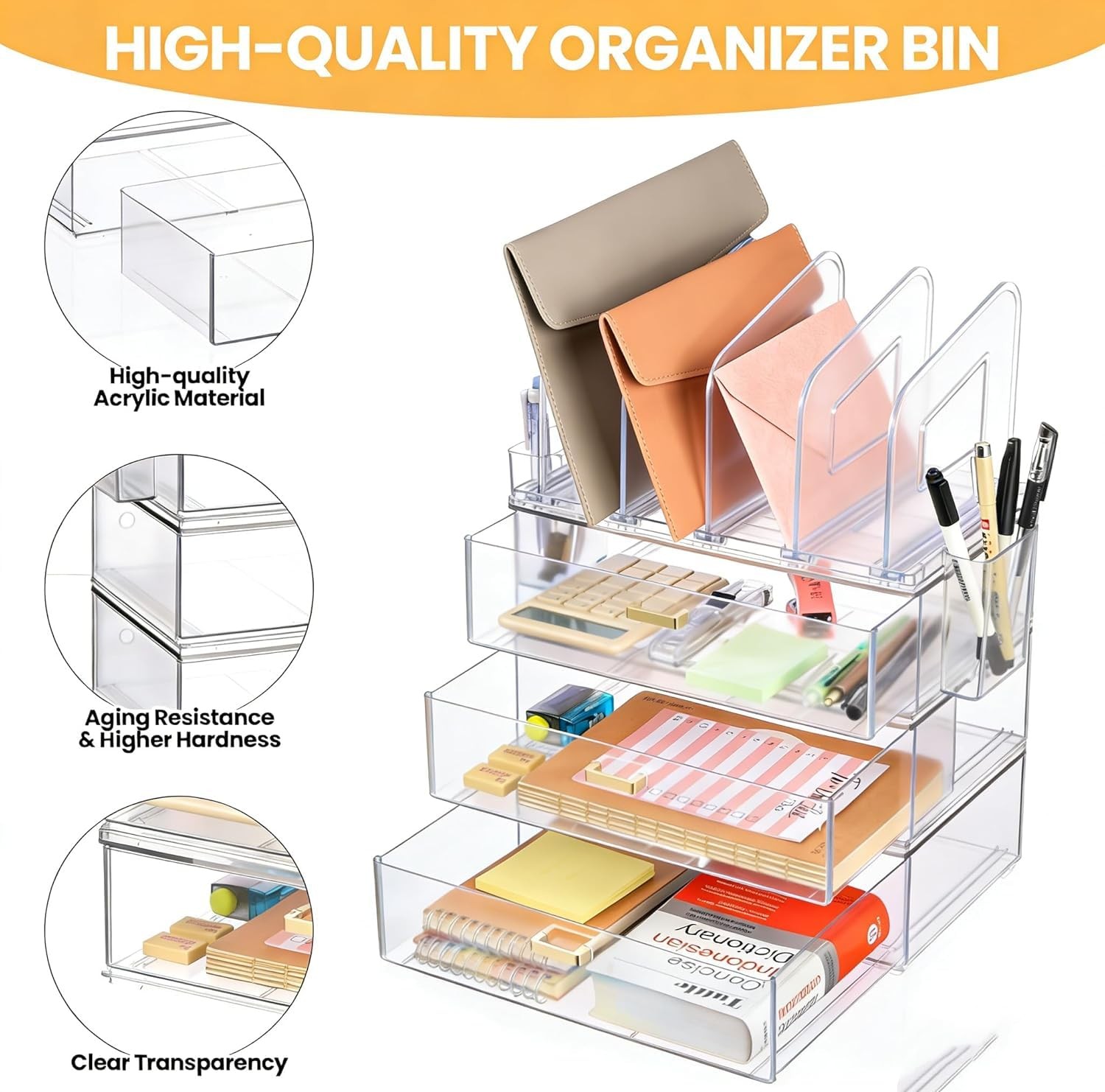 LALOBLUE Acrylic Desk Organizer with 4-Vertical File Holder 3 Layer, Clear