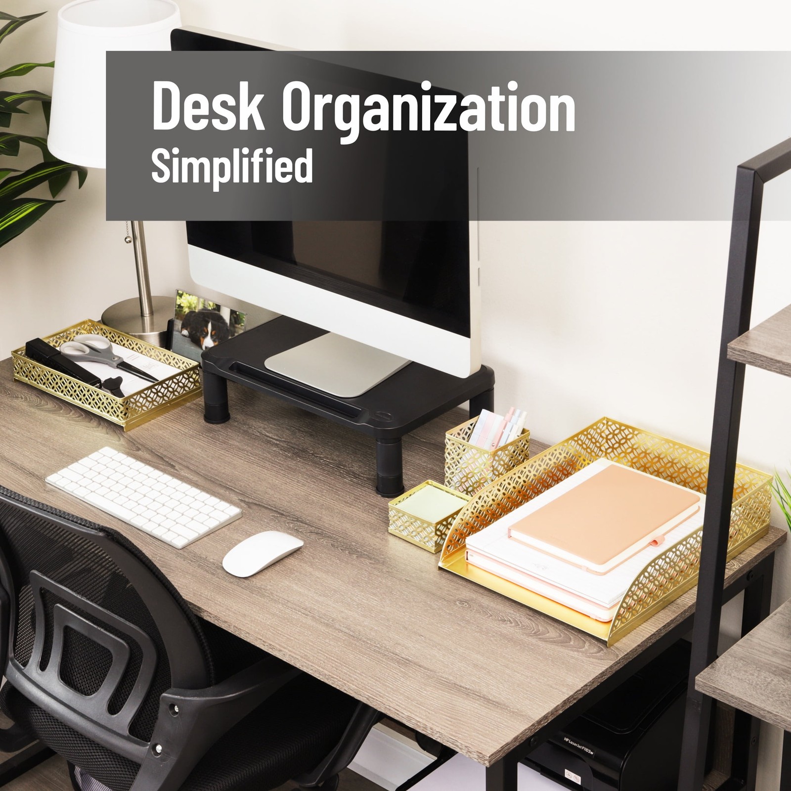 Gold Desk Organizer Set Includes Pen Cup Catchall Tray File Box & Paper Tray