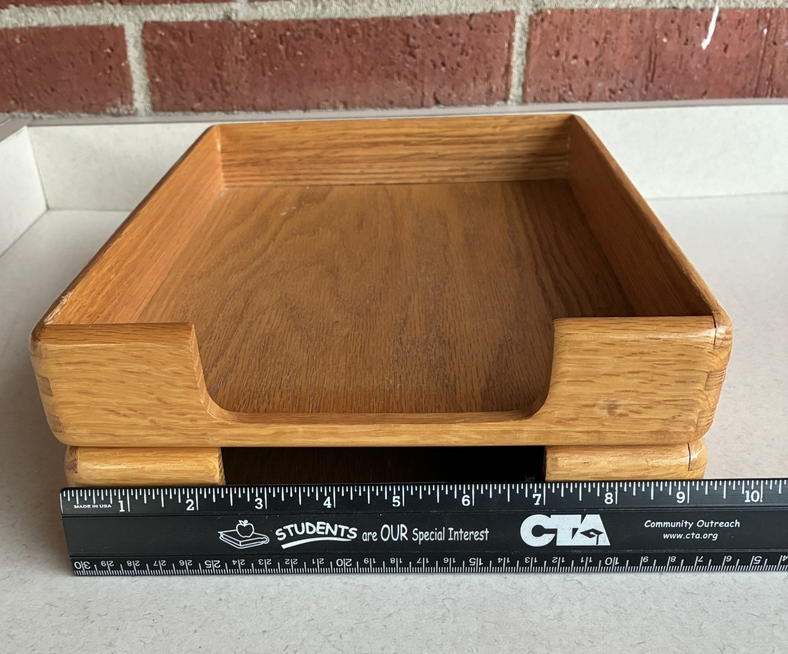 VTG 2 Tier Wood Brass Desk Document Organizer Letter Tray In/Out Box Dovetails